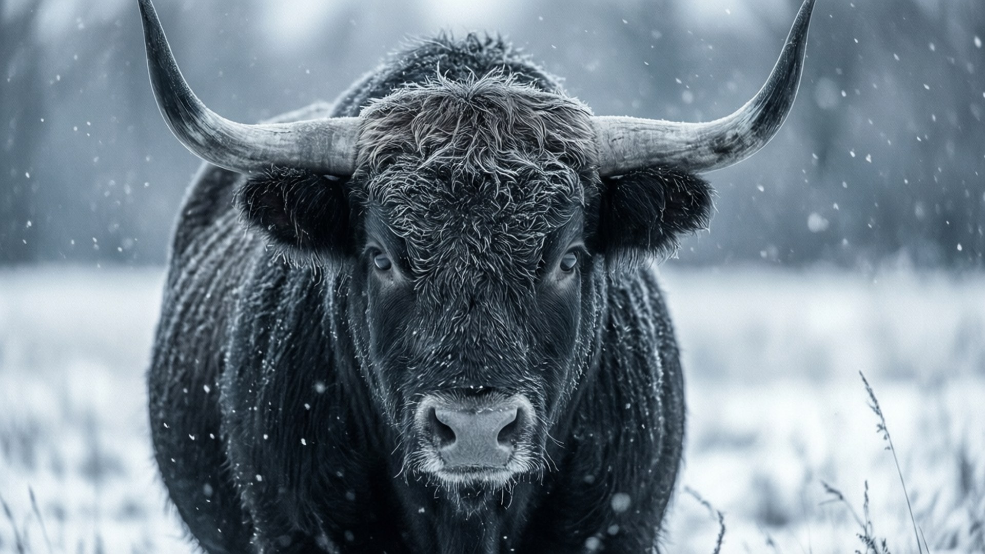 牛 桌布 壁紙 — 一頭雄偉的黑色高地牛，長著彎曲的角，站在雪地裡，雪花在牠周圍飄落。