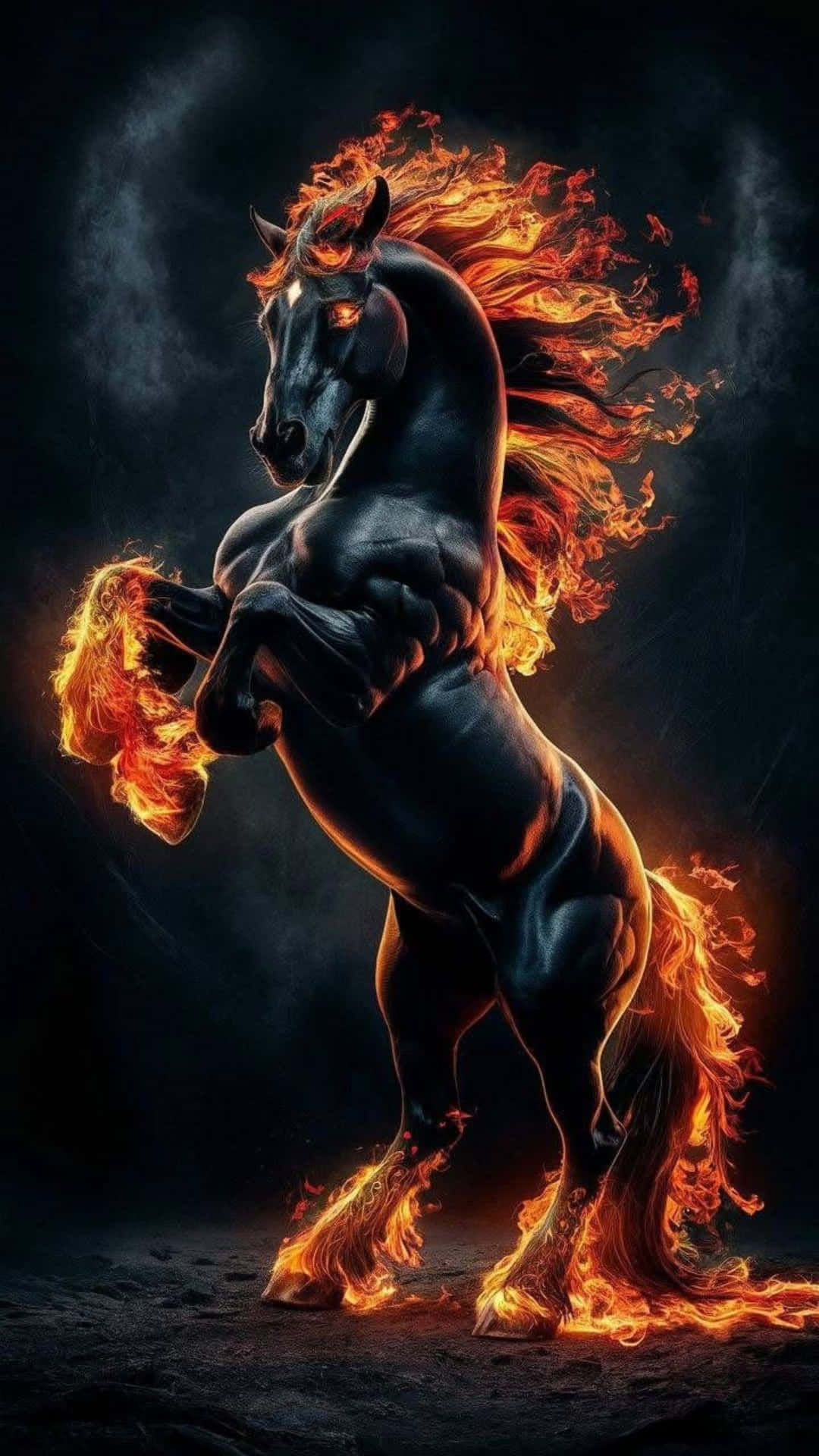  壁紙 — 一匹雄偉的黑馬在黑暗煙霧繚繞的背景中揚起前蹄，鬃毛、尾巴和蹄子燃燒著火焰。