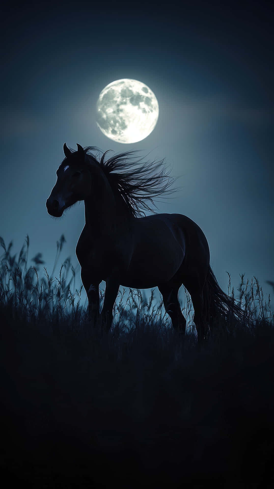 黑馬站在高草叢中，夜晚滿月下