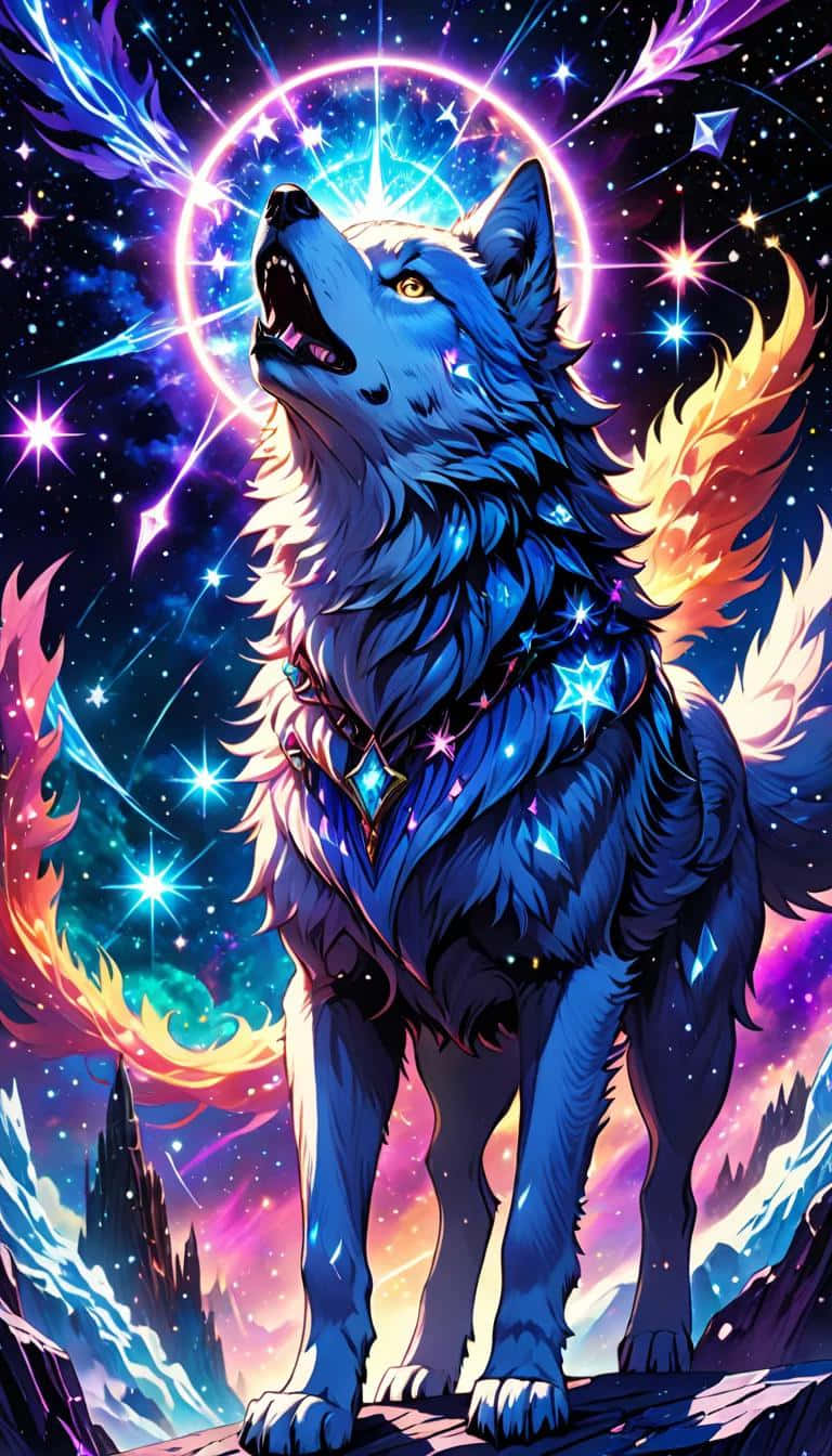  壁紙 — 一隻雄偉的藍色狼，擁有發光的眼睛和火焰翅膀，在星星和霓虹極光的宇宙背景下嚎叫。