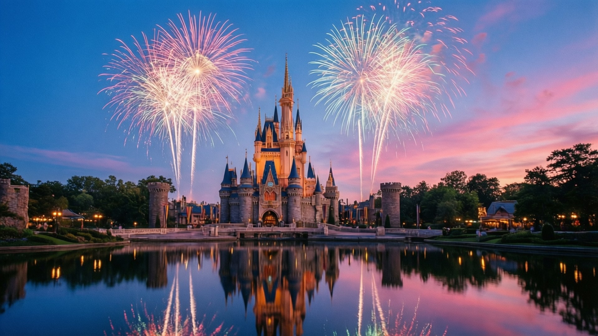 Fireworks Over Castle 壁紙 — 一座雄偉的城堡，被煙火照亮，煙火在它的塔樓上空綻放，完美地倒映在黃昏時寧靜的池塘中。