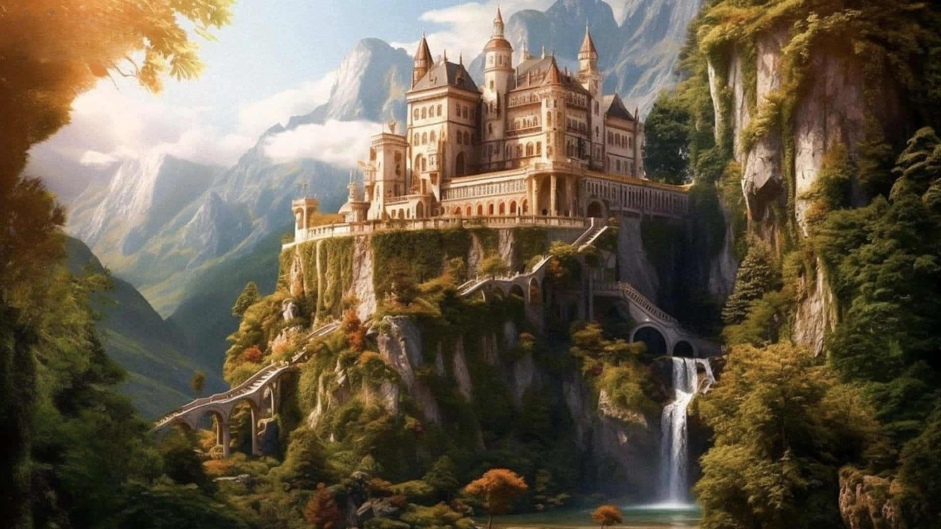  壁紙 — 一座雄偉的城堡坐落在懸崖上，俯瞰著山谷，山谷中有層疊的瀑布和茂密的綠色森林，天空明亮。