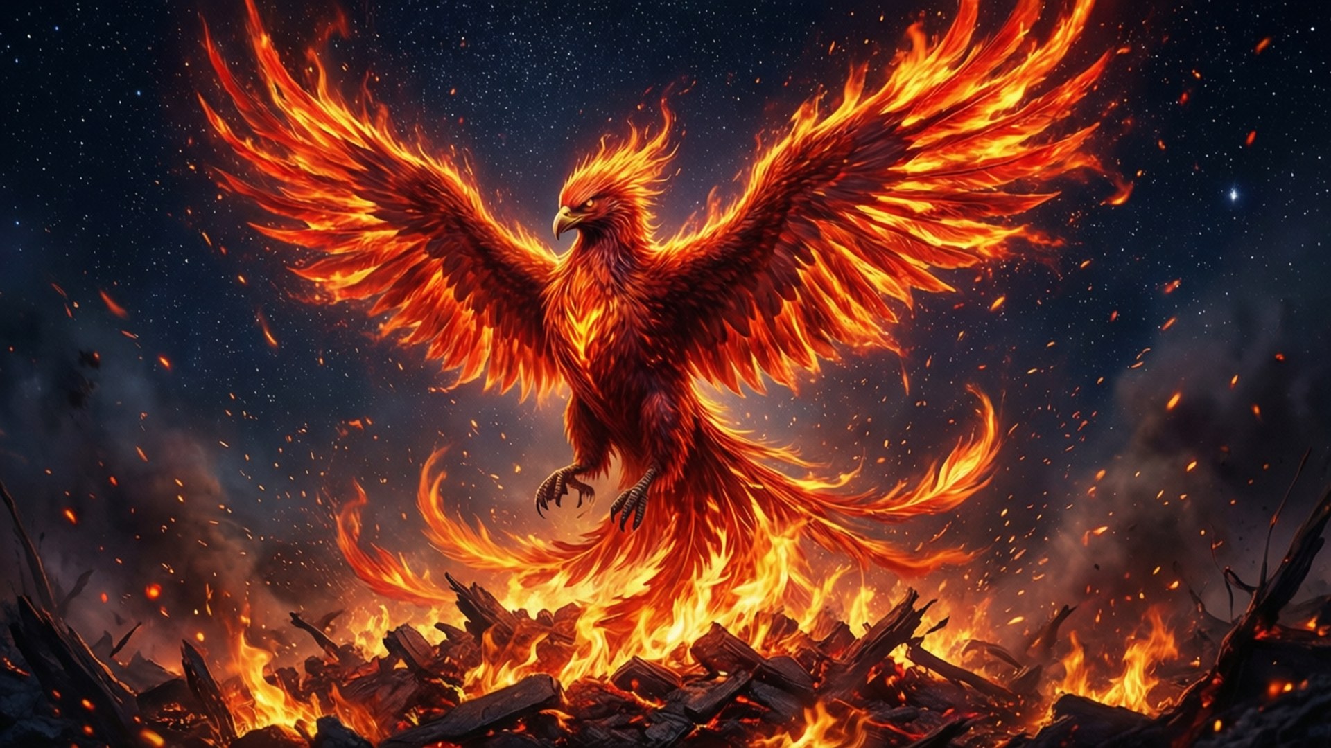 一隻由火焰組成的鳳凰在星空下從灰燼中升起。