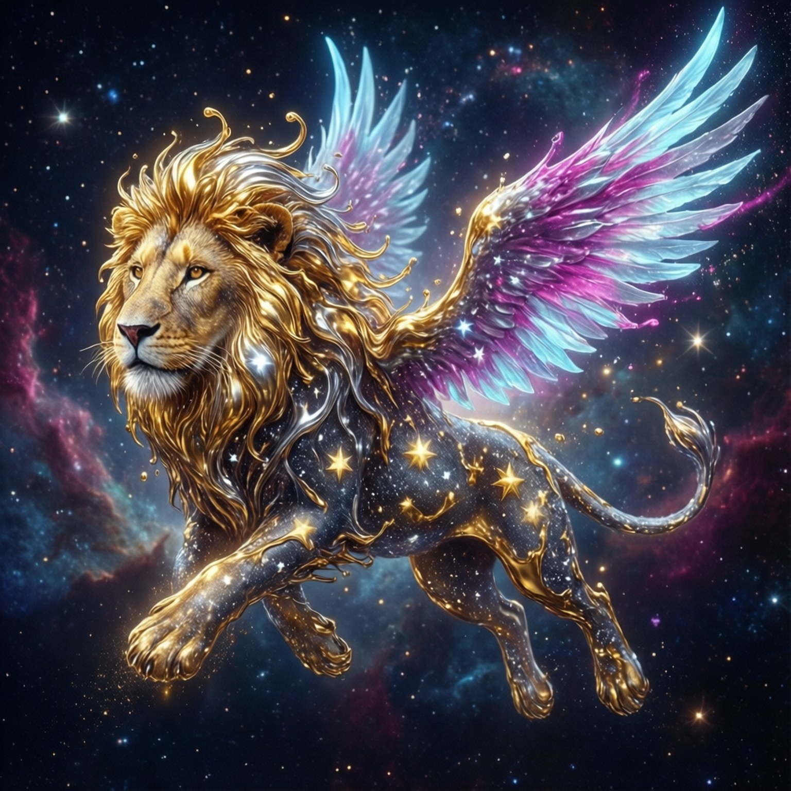 銀河獅子 桌布 壁紙 — 一隻雄偉的金色獅子，擁有星光皮毛和彩虹翅膀，在充滿閃爍星星的宇宙星雲中翱翔。
