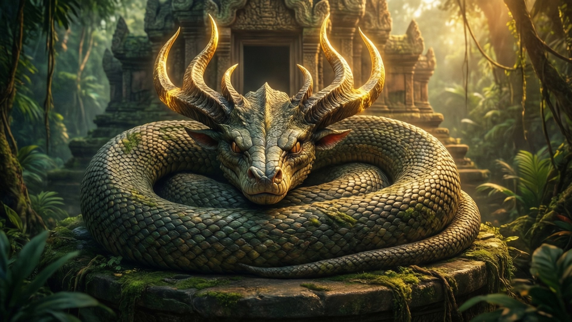 Horned Serpent 桌布 壁紙 — 一條雄偉的角蛇纏繞在陽光斑駁的叢林寺廟中長滿青苔的石基座上。