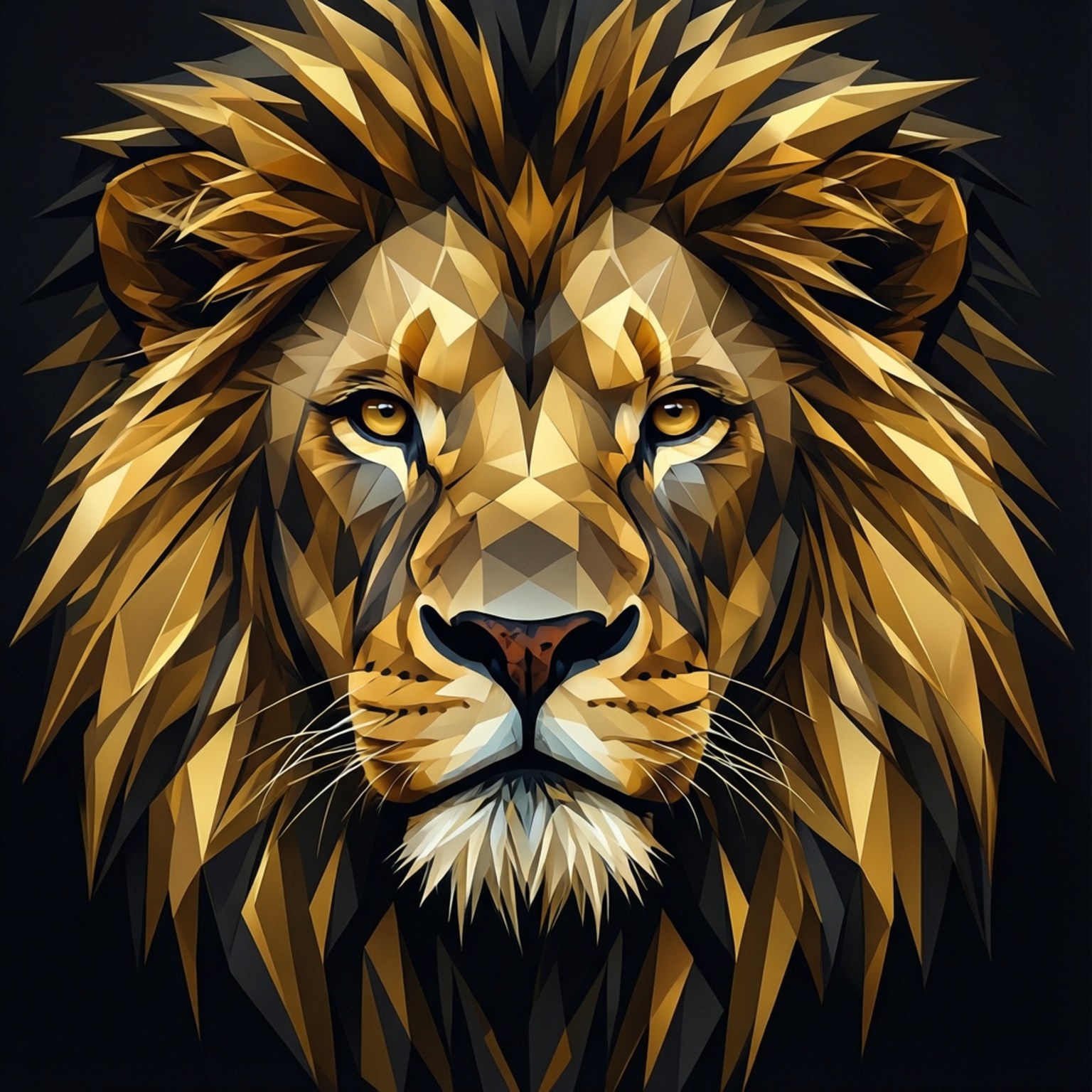 Vector Art 桌布 壁紙 — 以大膽幾何多邊形呈現的雄獅面孔，金色毛髮，深色背景。