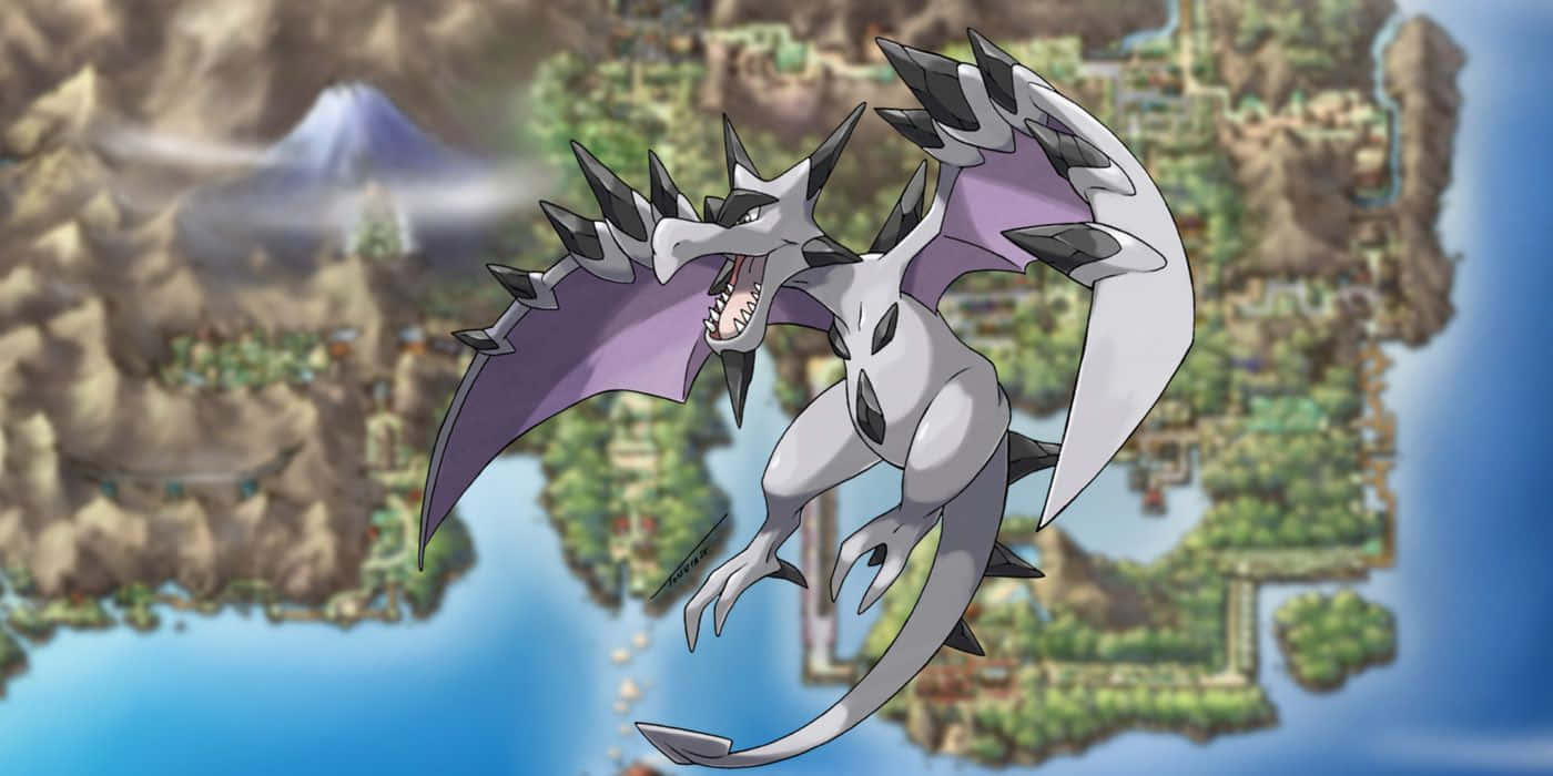 Majestic Mega Aerodactyl 飄浮於地圖之上 壁紙 — 一隻銀色和紫色的雄偉巨龍在一個詳細的奇幻地圖上翱翔，地圖上有山脈和海岸線。