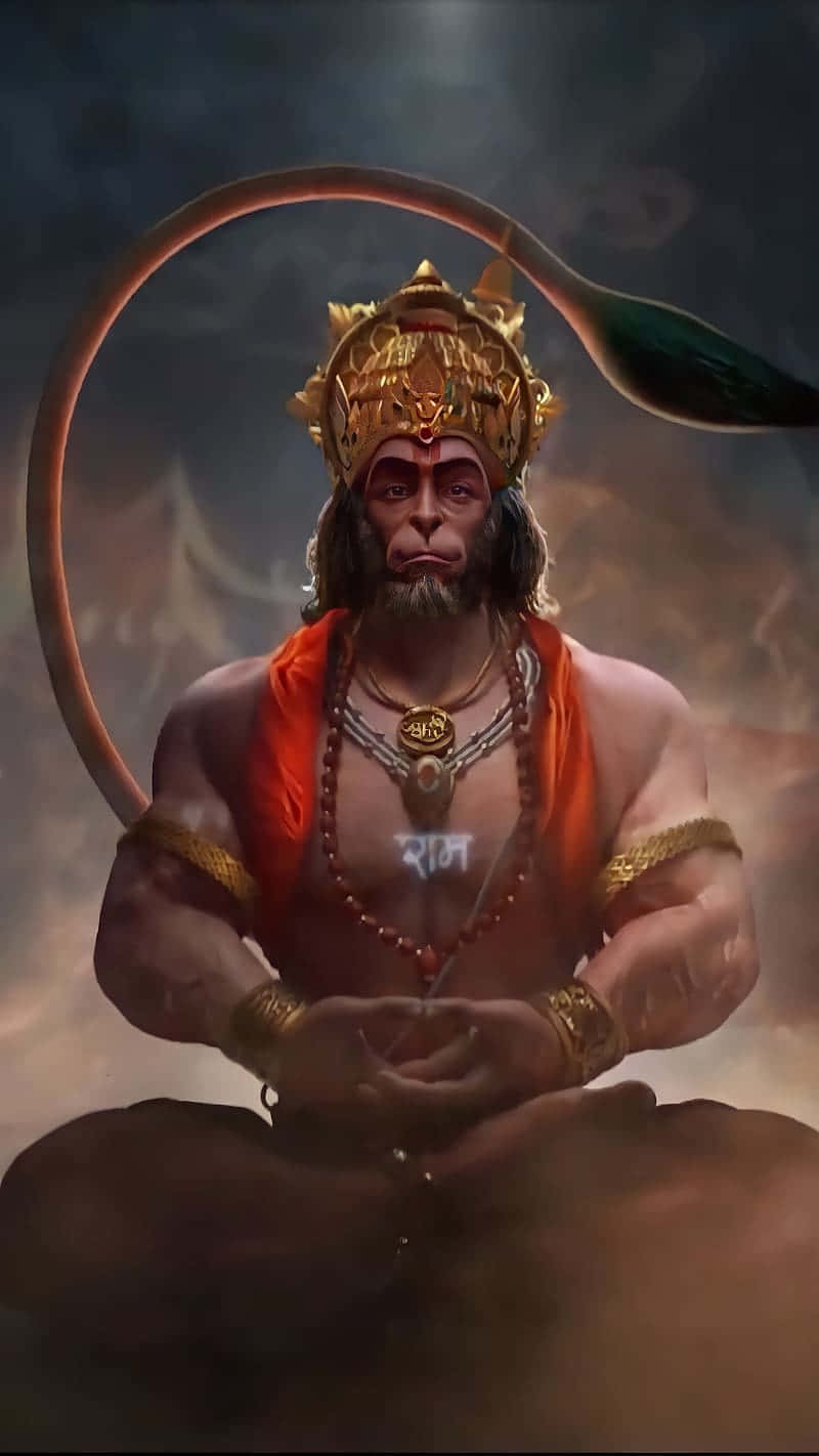  壁紙 — 一位威嚴的猴神，頭戴金色皇冠，身穿紅色腰布，在煙霧瀰漫的黑暗背景下冥想，手持發光的法杖。