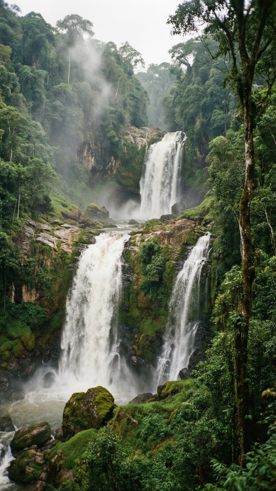 Ekom Nkam Falls 壁紙 — 一座雄偉的多層瀑布從岩石底部升起薄霧，穿過茂密的綠色雨林傾瀉而下。