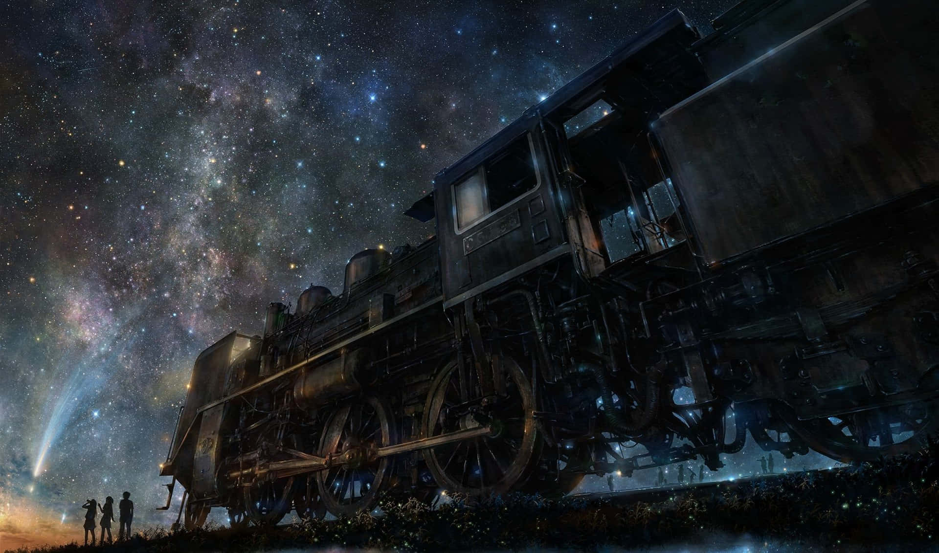 人們的剪影站在一輛復古蒸汽火車旁，背景是星空和彗星。