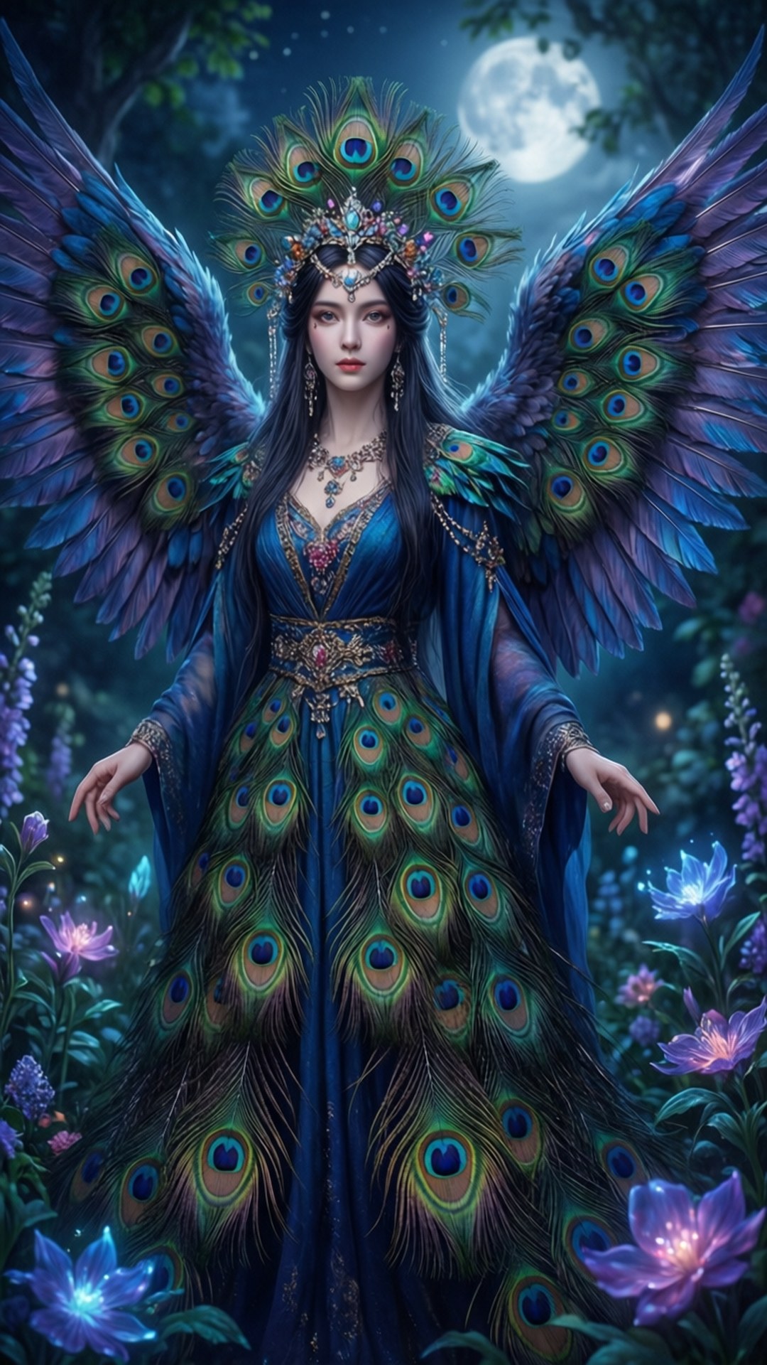 桌布 壁紙 — 一位身穿藍色長袍、擁有孔雀翅膀的威嚴女性，在神秘森林中滿月下，立於發光的紫色花朵之間。