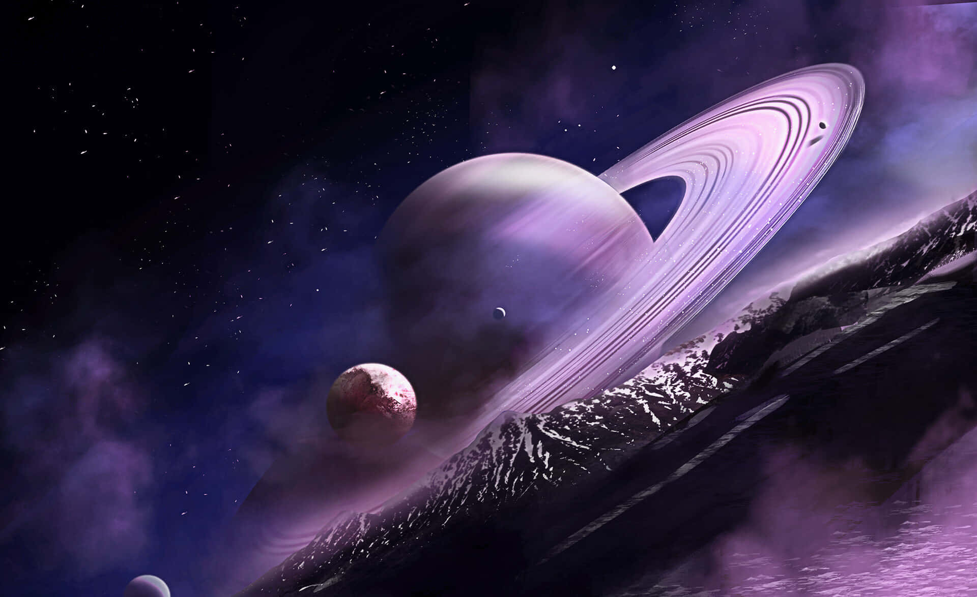 紫色環狀行星主宰著星空下岩石遍佈的外星世界。