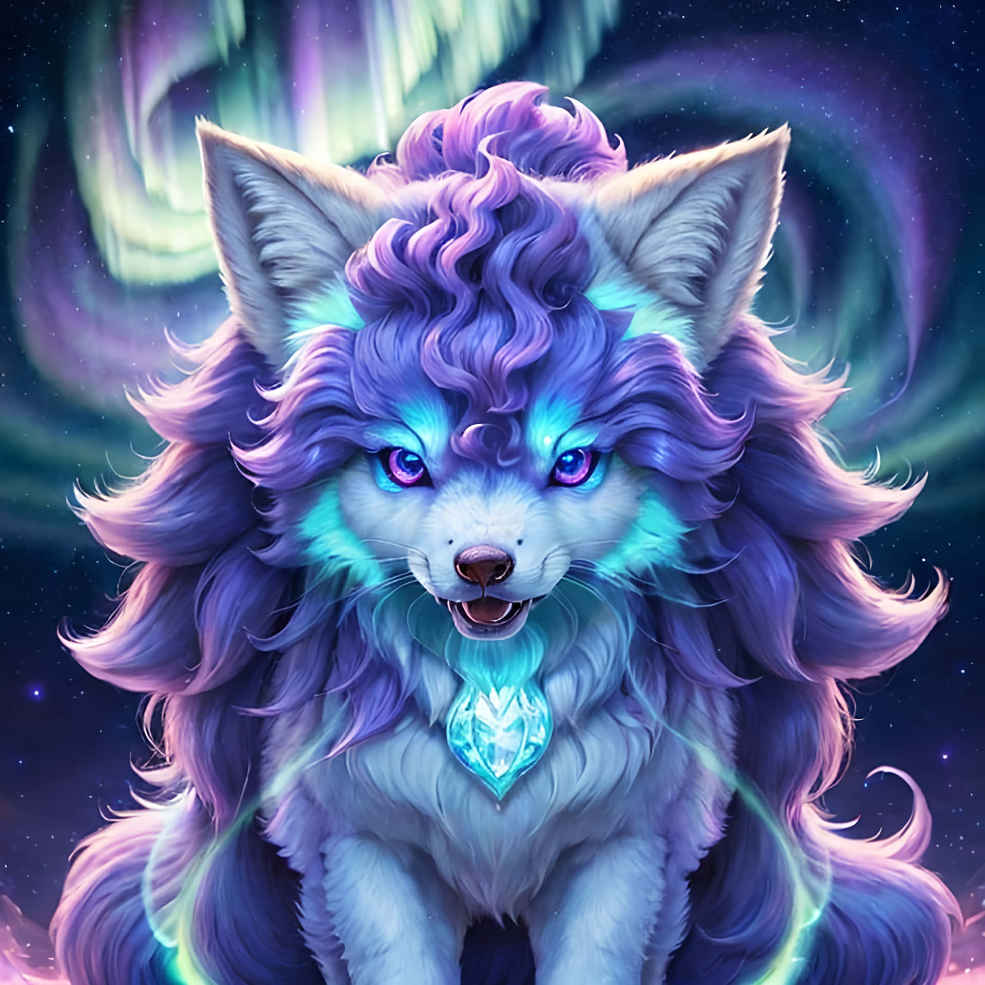  壁紙 — 一隻擁有紫色毛髮、發光藍眼睛和水晶吊墜的雄偉狼，站在充滿極光漩渦的宇宙天空前。