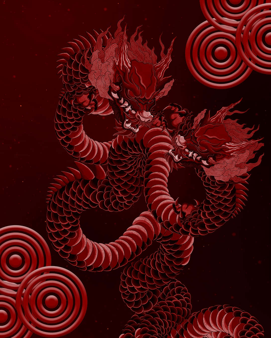  壁紙 — 一條雄偉的紅龍，鱗片精細，在深紅色背景上動態盤繞，背景飾有旋轉的圓形圖案。