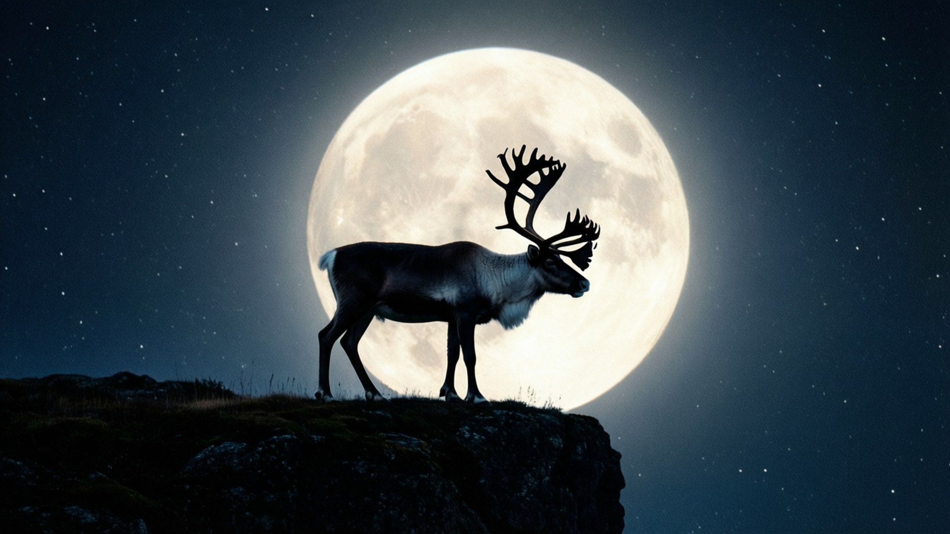Caribou 桌布 壁紙 — 一頭雄偉的馴鹿在岩石懸崖上以剪影姿態站立，背景是巨大的發光滿月和繁星點點的夜空。
