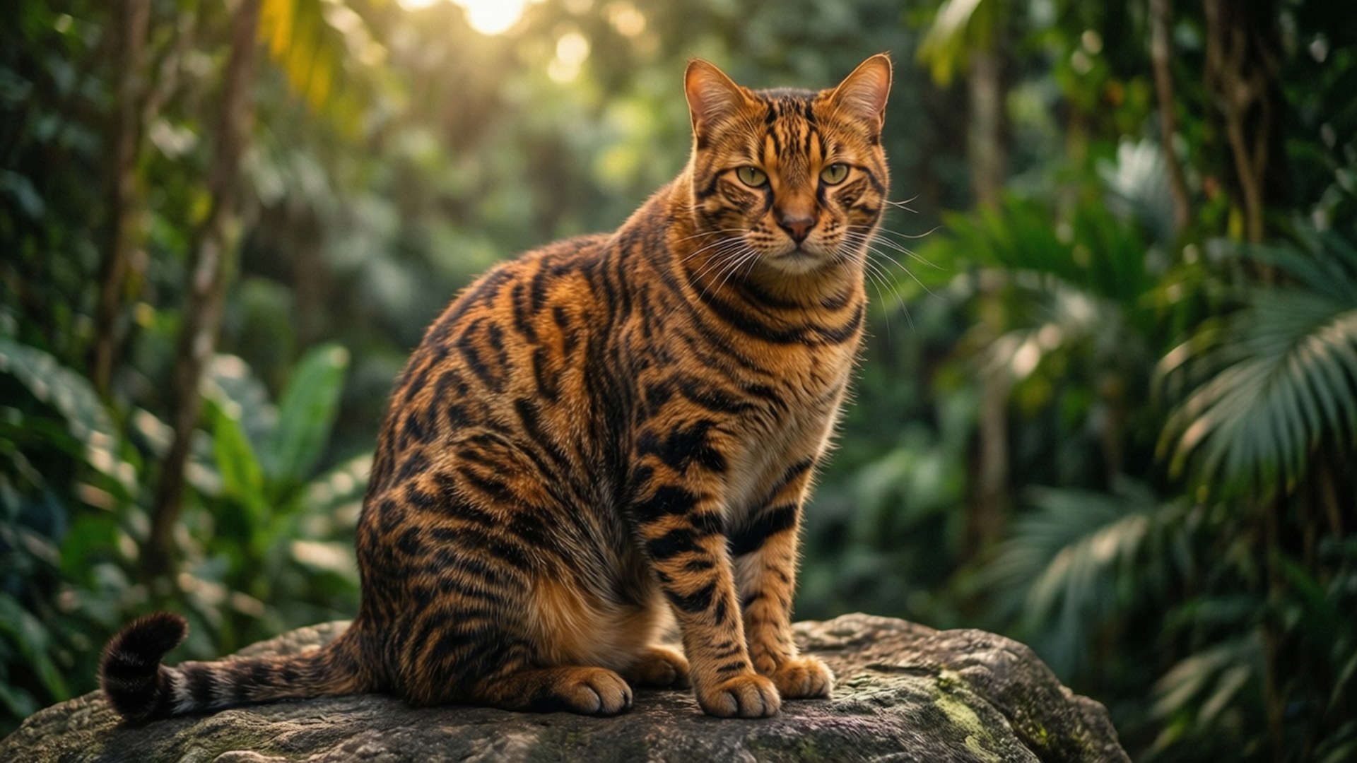 Bengal cat sitting on rock in jungle with sunlight filtering through trees 壁紙