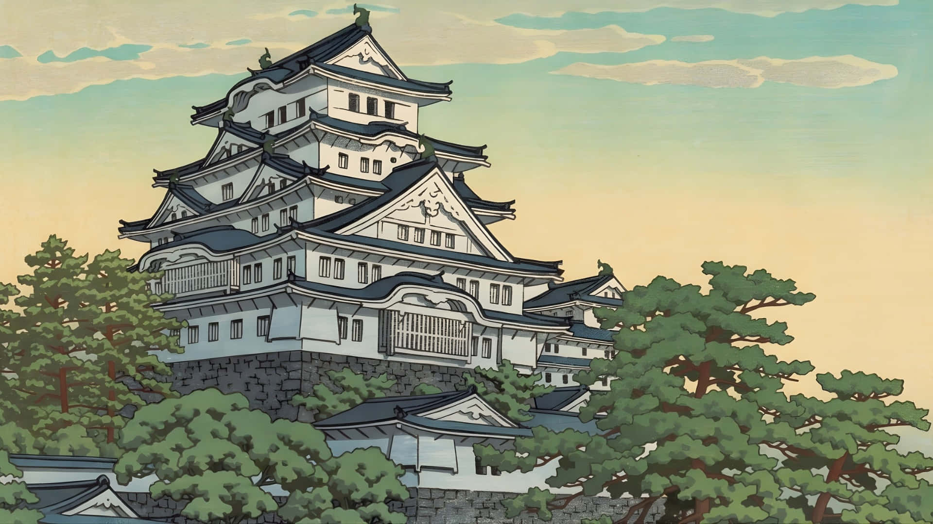  壁紙 — 一座雄偉的傳統日本城堡，白色牆壁和深色瓦片屋頂，在柔和粉彩天空下，聳立在茂密的綠樹之上。
