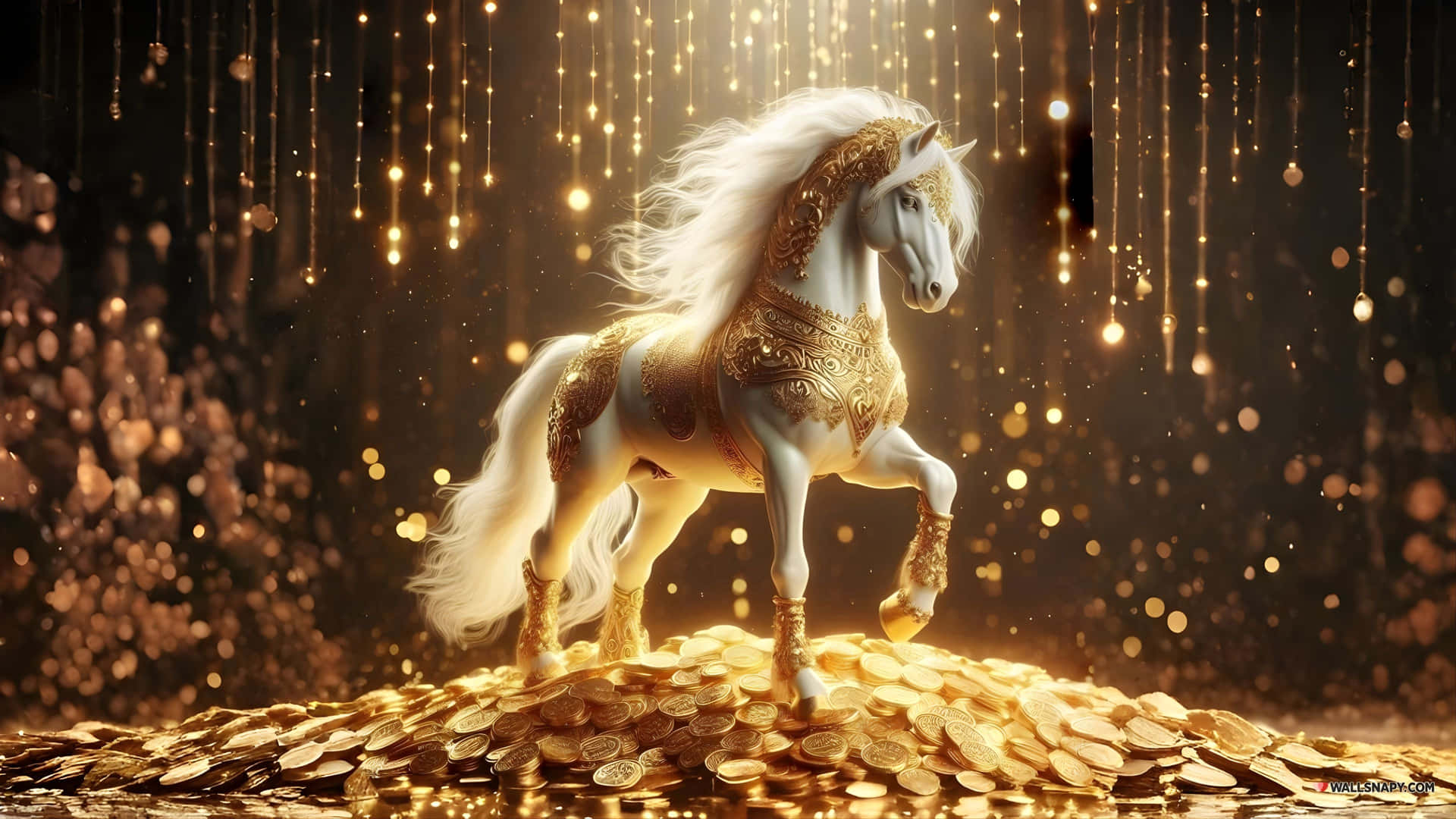  壁紙 — 一匹雄偉的白馬，披著金色鎧甲，驕傲地站在一堆閃閃發光的金幣上，沐浴在閃爍的金色光芒中。