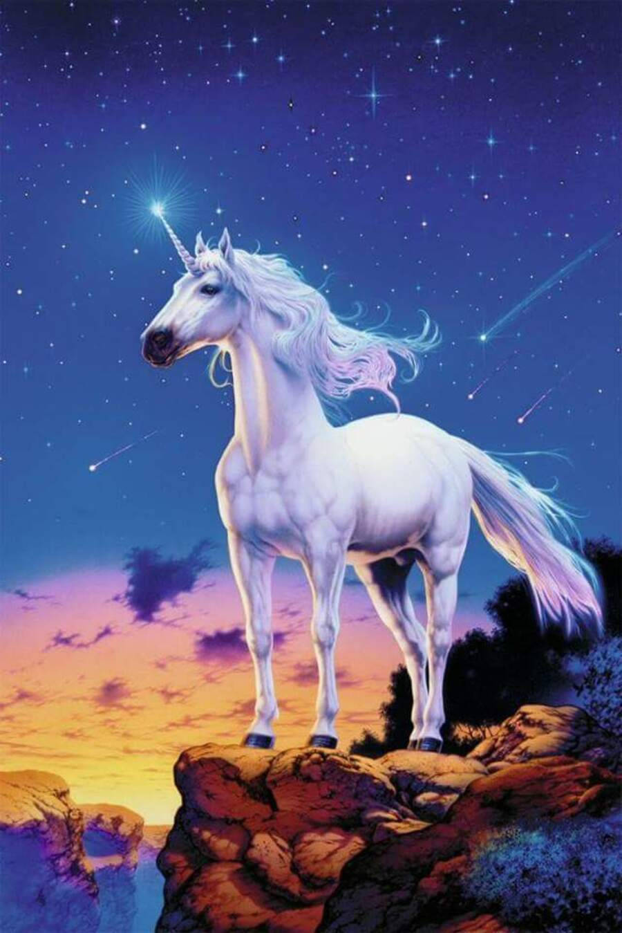 黃昏時分，獨角獸站在懸崖上，伴隨星星和流星