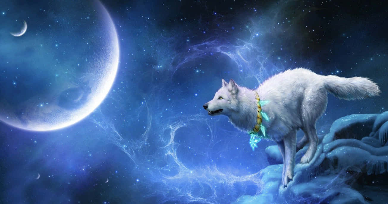  壁紙 — 一頭雄偉的白狼站在冰天雪地上，凝視著在旋轉的宇宙星雲中閃耀的彎月。