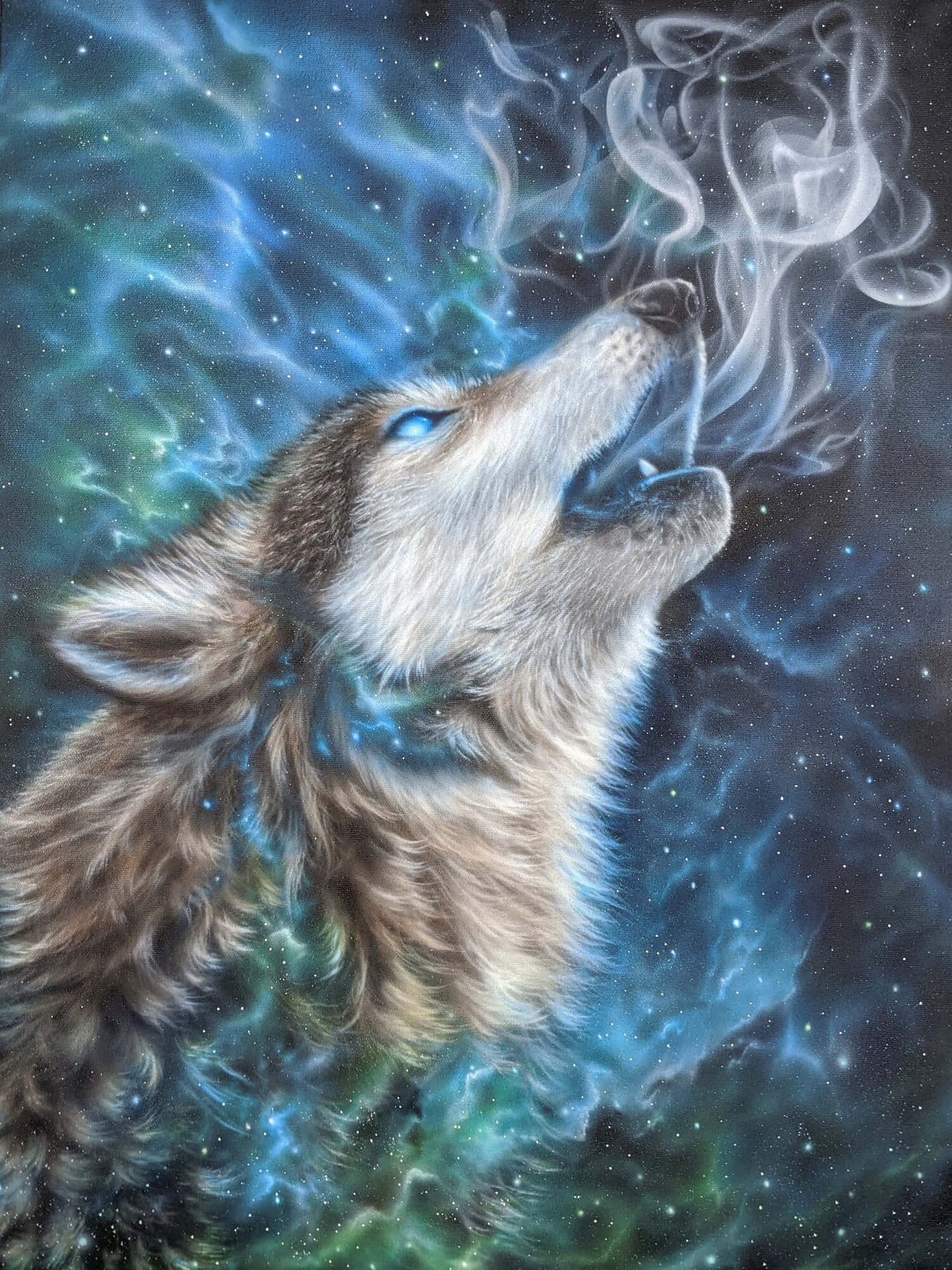  壁紙 — 一隻雄偉的狼對著一個旋轉的宇宙星雲嚎叫，星雲發出電光藍和綠色。