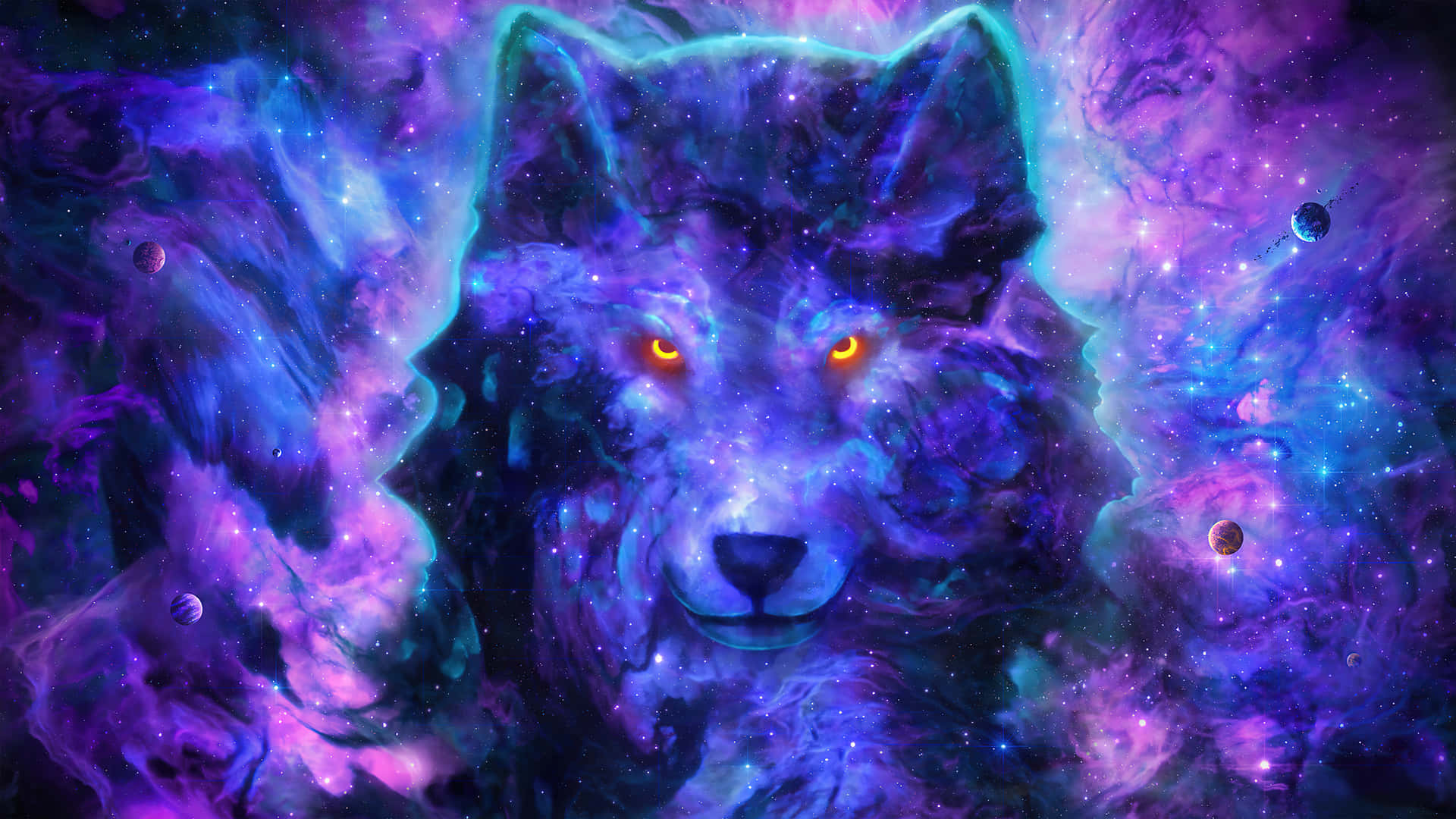  壁紙 — 一隻雄偉的狼，擁有琥珀色發光的眼睛，從紫色、藍色和粉紅色星星旋轉的宇宙星雲中出現。