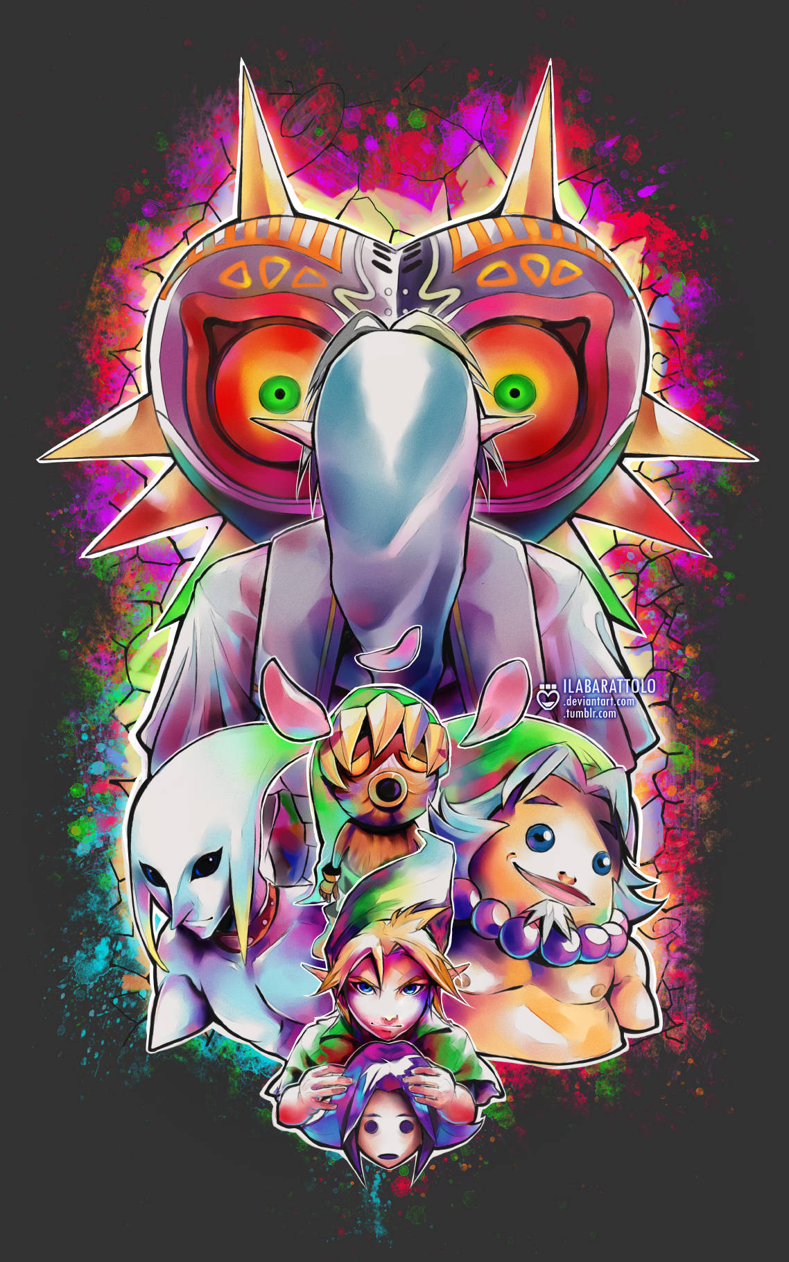 Majora's Mask 粉絲藝術 壁紙 — 充滿活力的數位藝術作品，以梅祖拉面具和五個色彩繽紛的角色為特色，背景是濺灑的紫色、粉紅色和藍綠色。