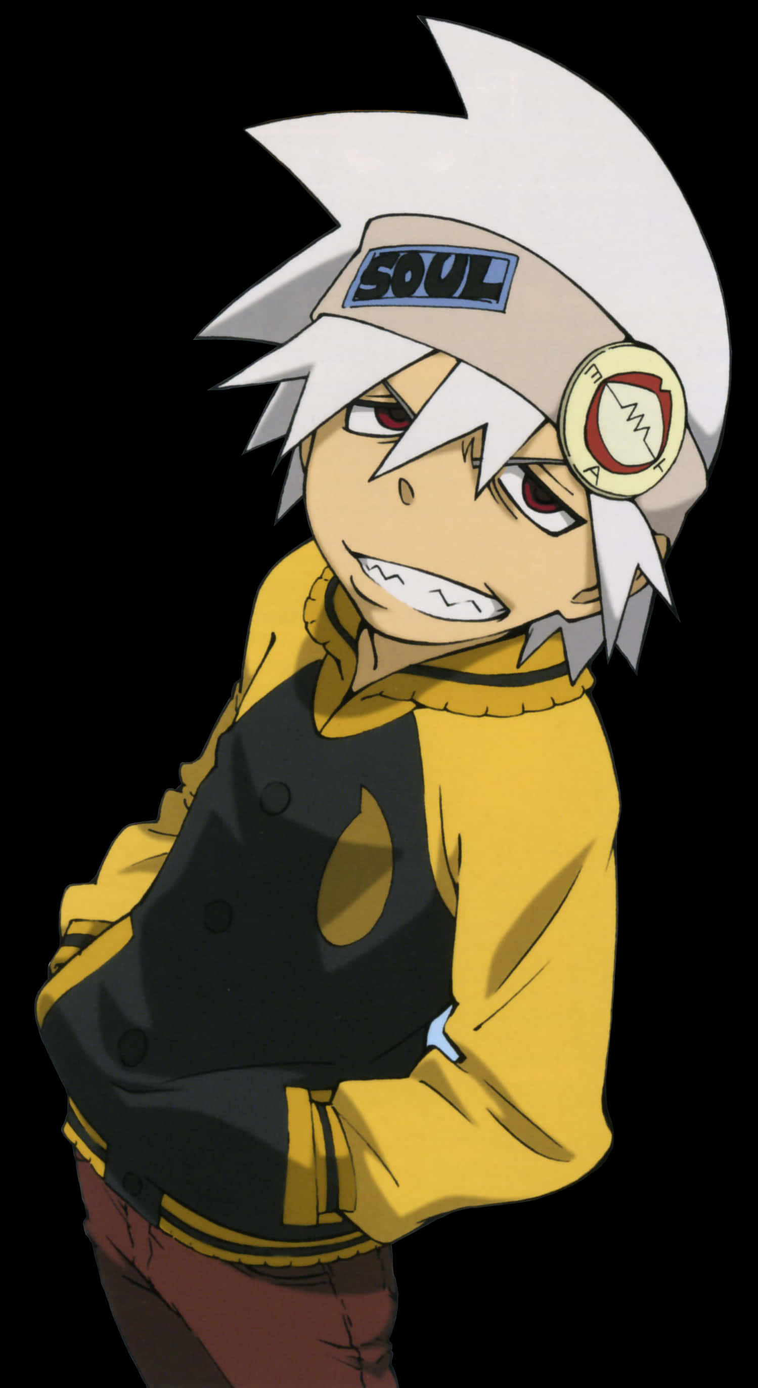 「Maka Albarn 強烈凝視 —— Soul Eater 頭像」 壁紙 — 動漫角色，白色刺蝟頭，身穿黃色外套，在黑色背景前狡黠地咧嘴笑。