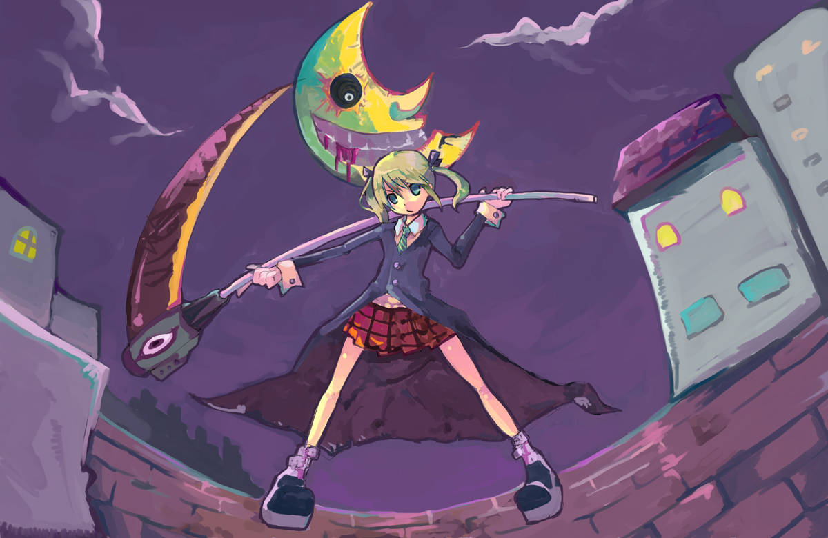 Maka與Soul Eater月同人畫 壁紙 — 一個金髮動漫少女穿著校服，在紫色都市夜景中揮舞鐮刀對抗一個怪異的彎月。