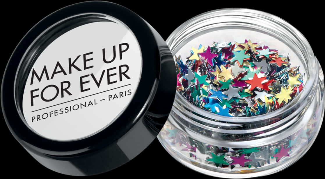 Makeup Forever 閃星容器 壁紙 — 一個時尚的黑色罐子，裝有Make Up For Ever星形閃粉，色彩鮮豔，背景為純黑色。