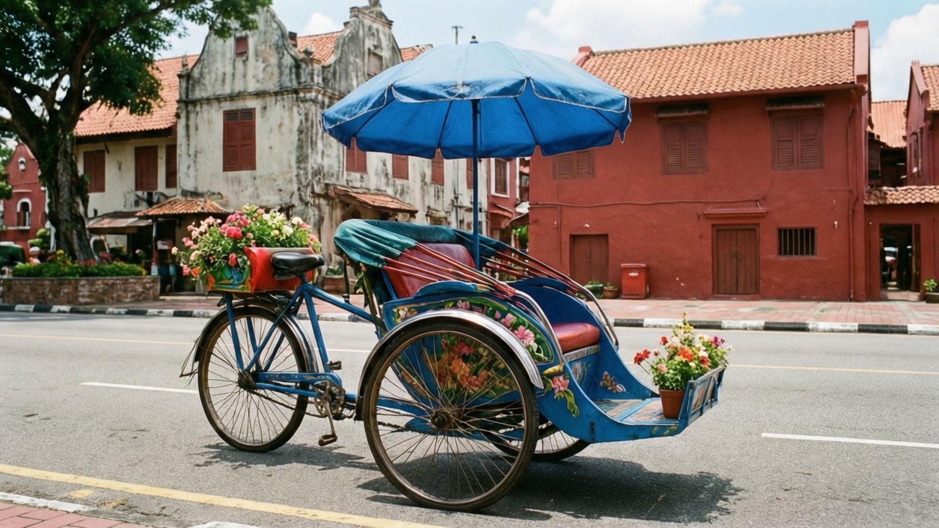 一架藍色三輪車，有花同遮，停喺有歷史建築物嘅街道上。