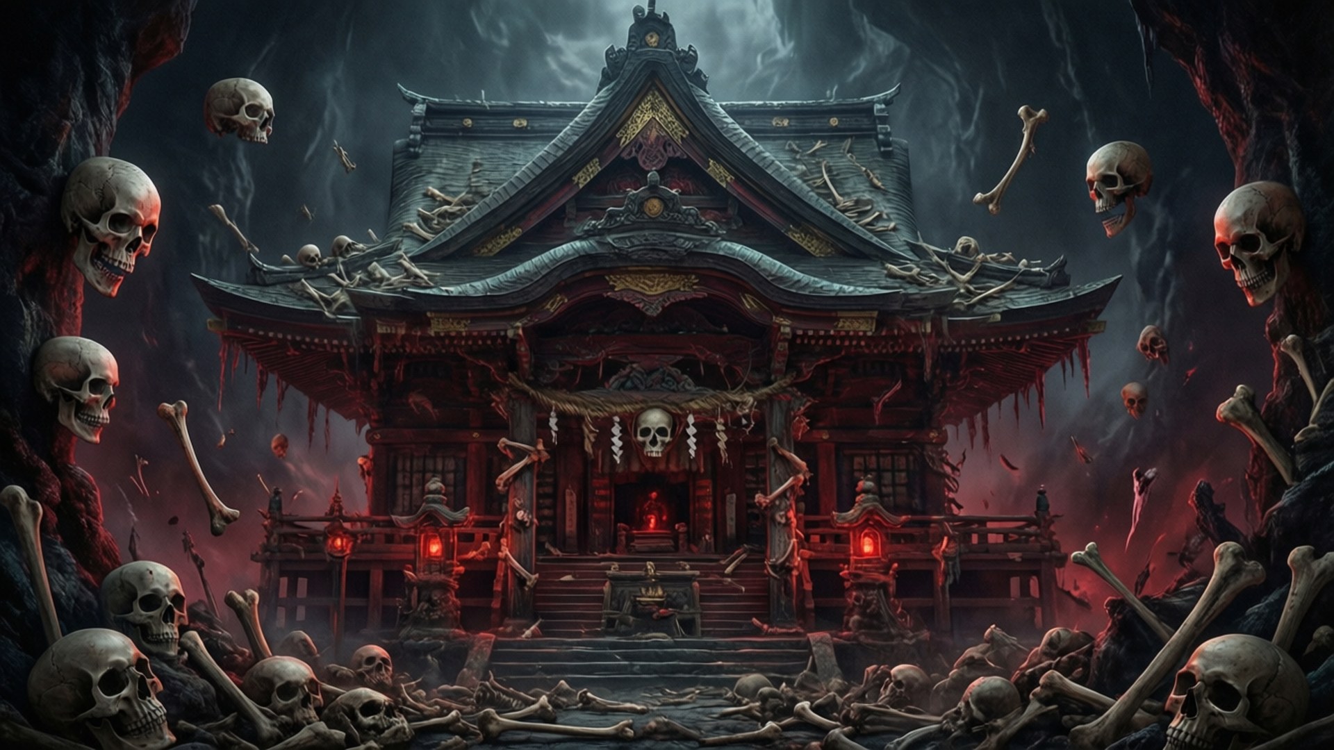 一個被頭骨和骨頭覆蓋的神社，天空風暴密佈