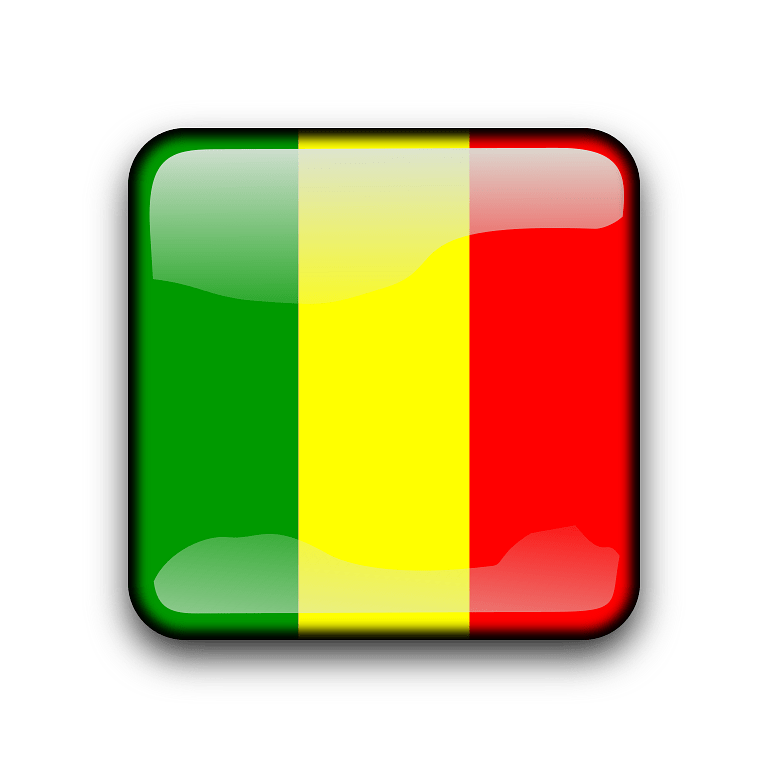Mali_ Flag_ Icon 壁紙 — 一個帶有光澤的方形按鈕，顯示馬里國旗鮮豔的綠色、黃色和紅色垂直條紋。