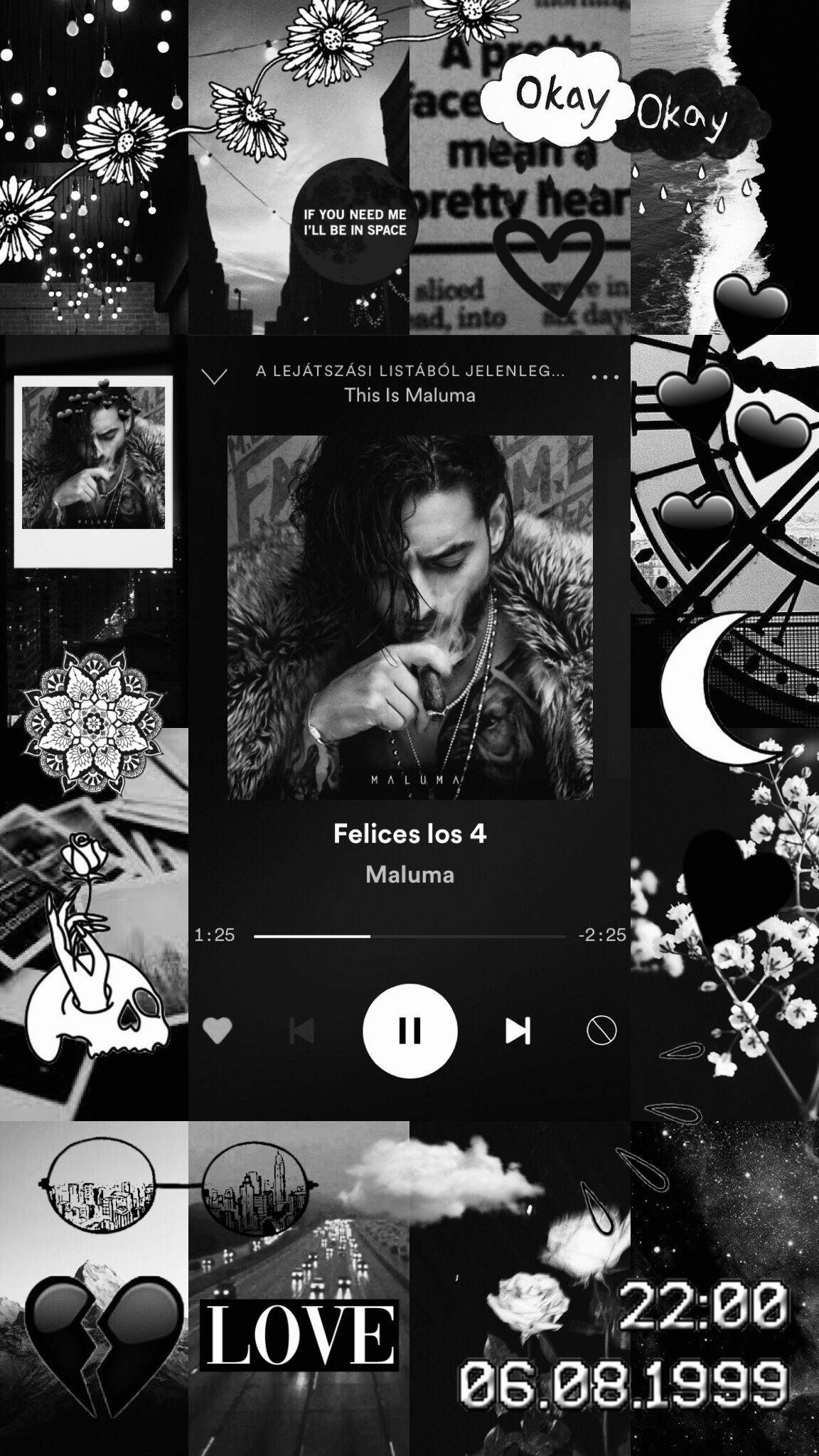 Maluma《Felices los 4》黑白色調拼貼 壁紙 — 黑白拼貼牆紙， featuring Maluma 的音樂播放器、心形、花朵和浪漫文字元素。