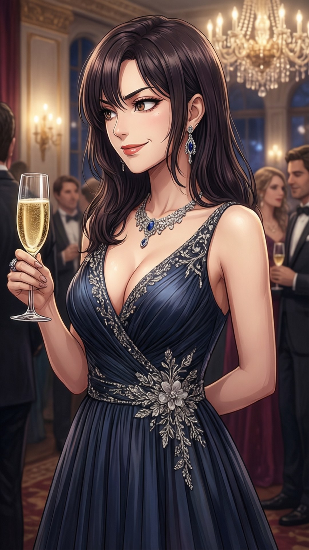 海軍藍禮服女性在水晶吊燈下的優雅派對中拿著香檳