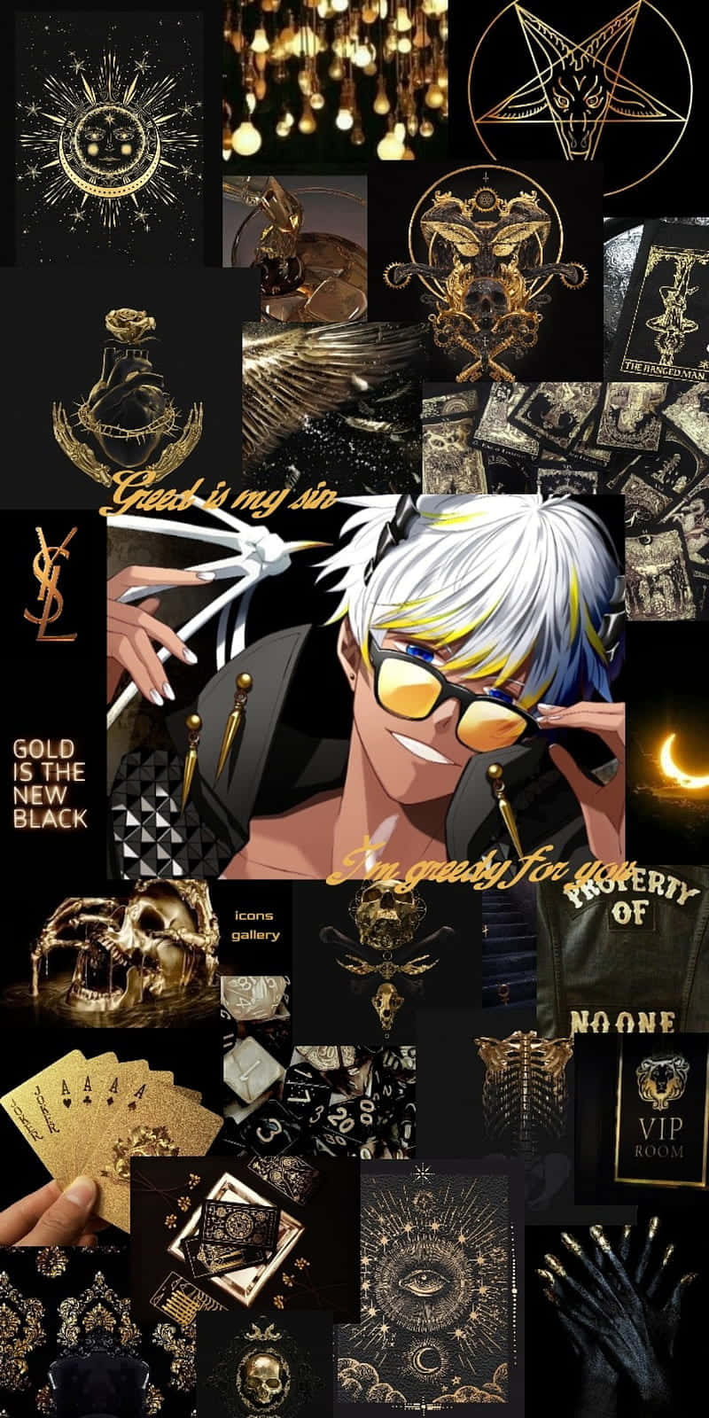 Mammon 拼貼美學「 obey me」 壁紙 — 金色和黑色神秘符號、奢侈品和戴太陽眼鏡的動漫角色的深色拼貼畫。