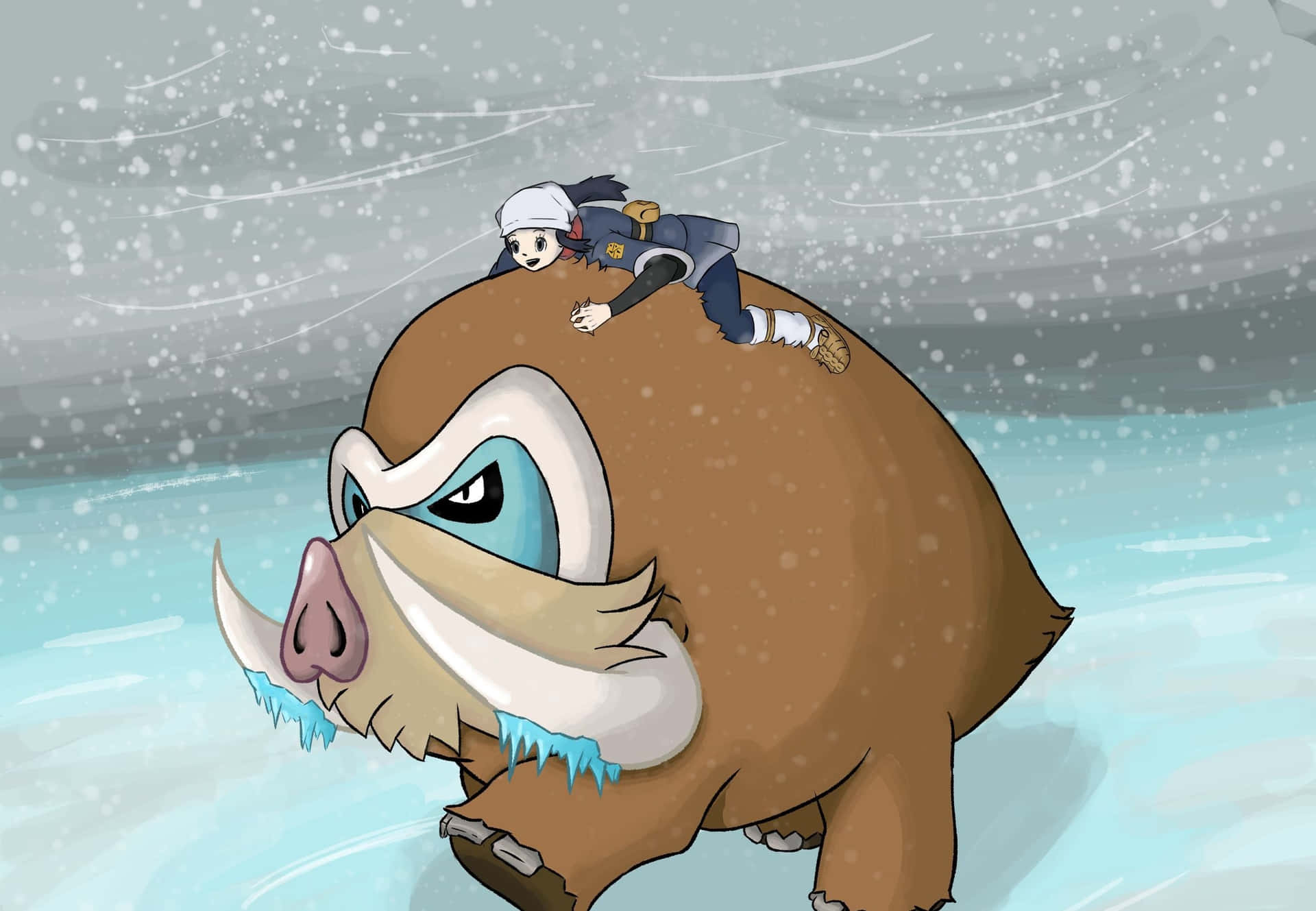 Mamoswine 雪中背負訓練家前行 壁紙 — 一個小型動漫角色緊貼在一隻大型雪白野豬的背上，野豬正衝過暴風雪，獠牙上掛著冰柱。