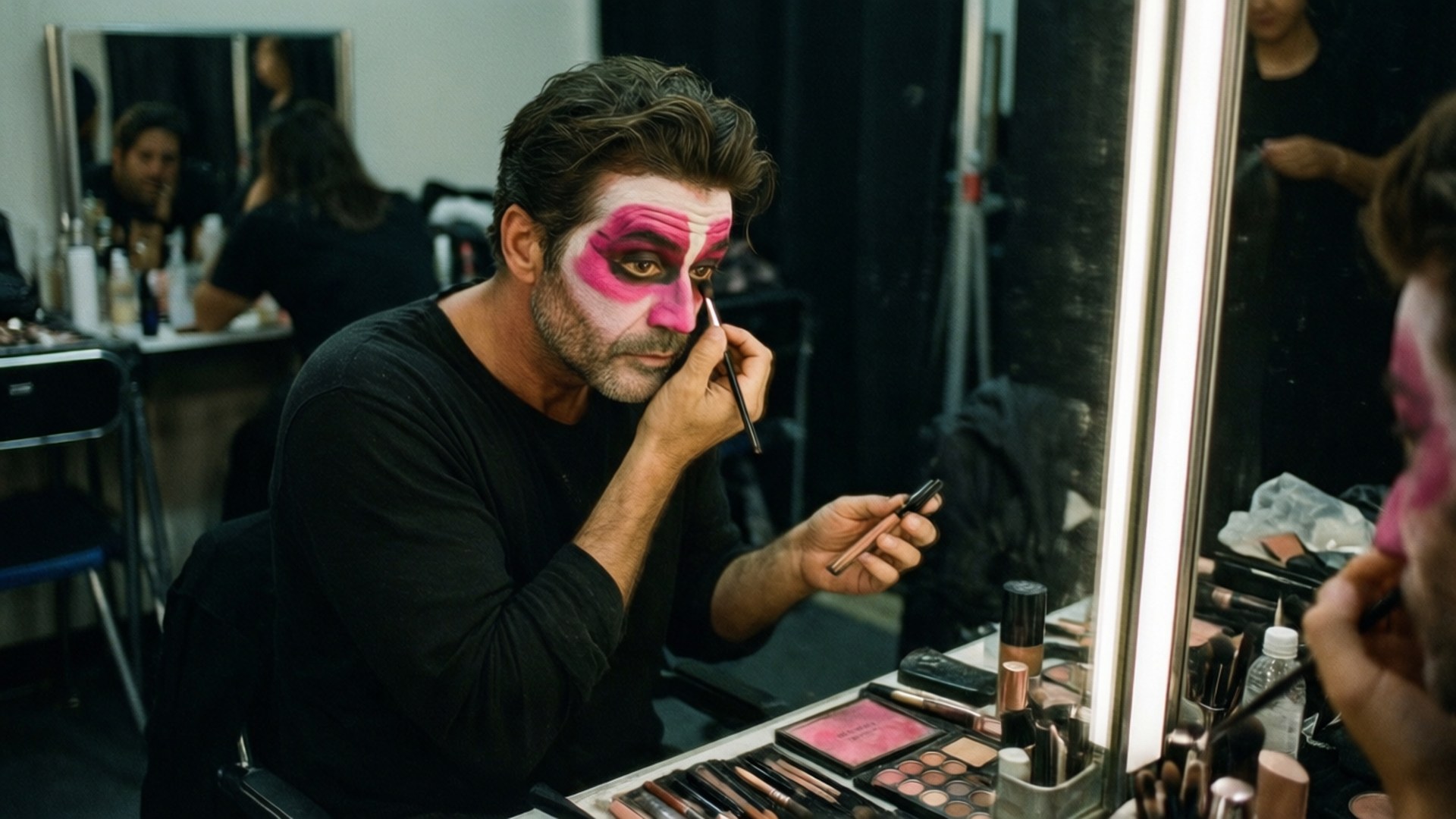 Face Paint Prep 壁紙 — 一個半邊臉塗成粉紅色的男人在後台化妝鏡前化妝，周圍擺滿化妝品。