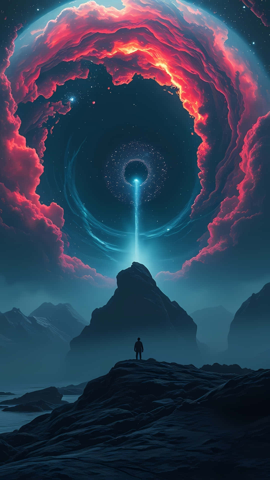 一個人站在山頂上，仰望天空中發光的宇宙傳送門。