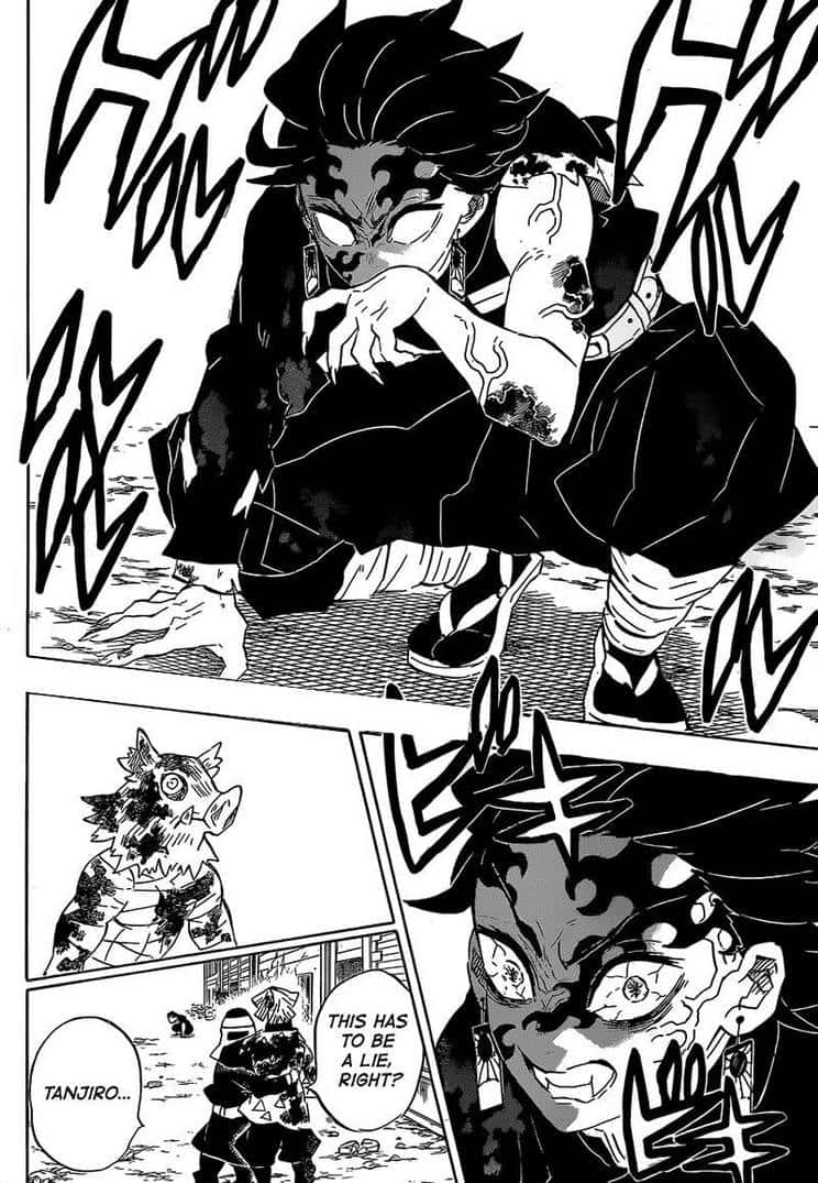 Demon Slayer Manga Panel 桌布 壁紙 — 一個漫畫面板顯示一個惡魔，頭髮狂野，眼睛發光，處於緊張時刻，周圍是動態的黑白線條。