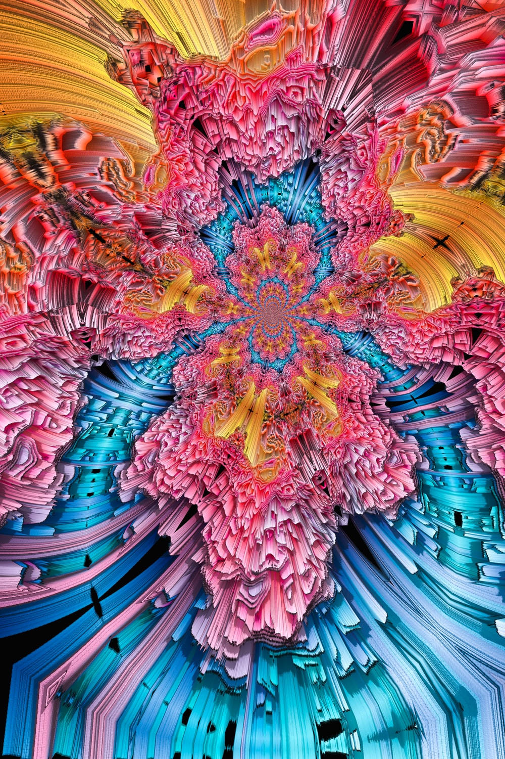 鮮豔的碎形圖案，粉紅、藍色和金色層次對稱向外輻射的數位設計。