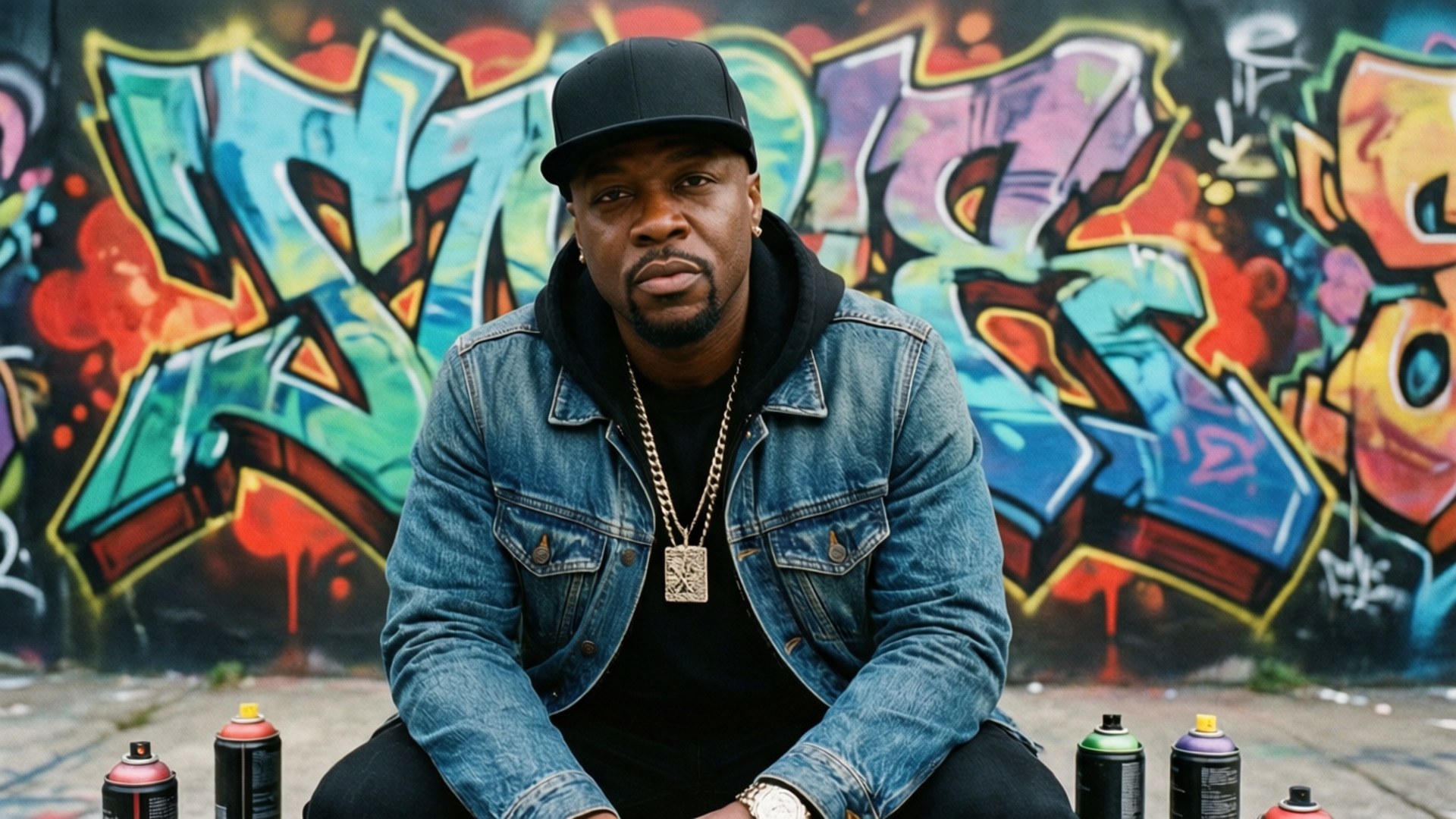 Jeezy 桌布 壁紙 — 一名身穿牛仔外套和帽子的男子坐在充滿活力的塗鴉牆前，腳邊放著噴漆罐。