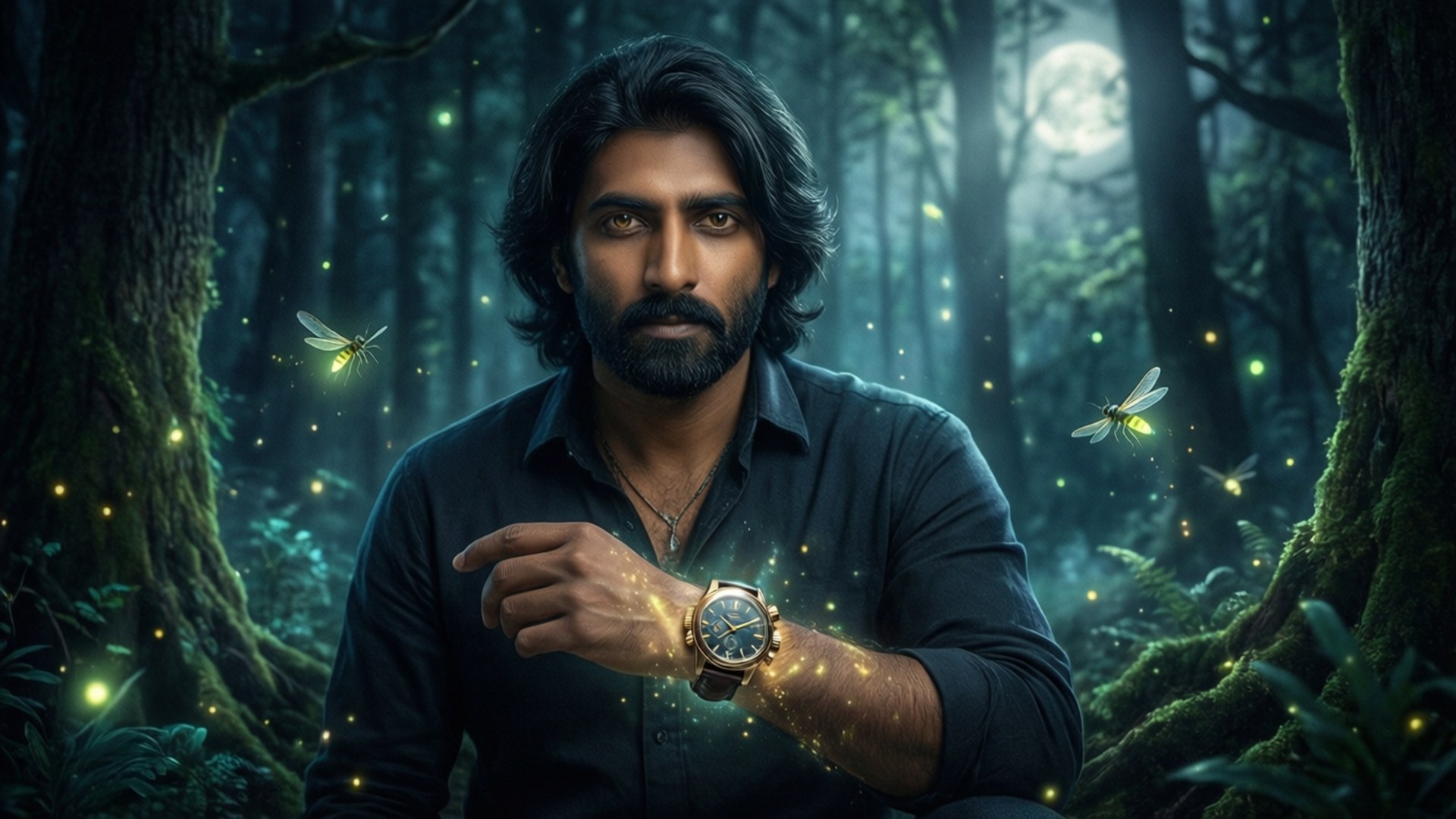 Balveer in Enchanted Forest 壁紙 — 一個深色頭髮和鬍鬚的男人站在月光照耀的森林中，發光的螢火蟲在他周圍盤旋，他指著他的手錶。
