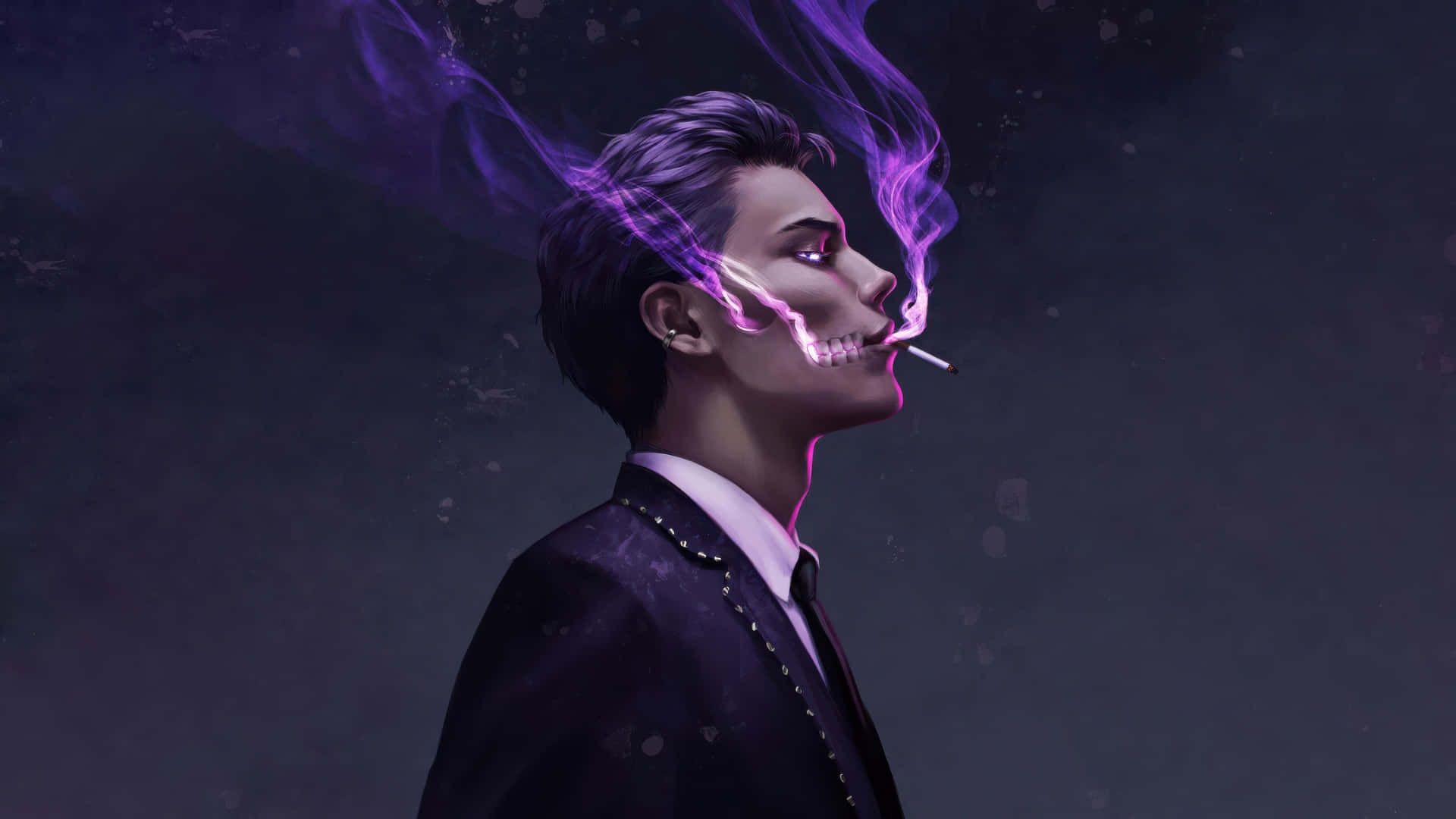  壁紙 — 一名穿著西裝的男子吸煙，電光紫色的煙霧在他的臉龐周圍盤旋，背景為深色。
