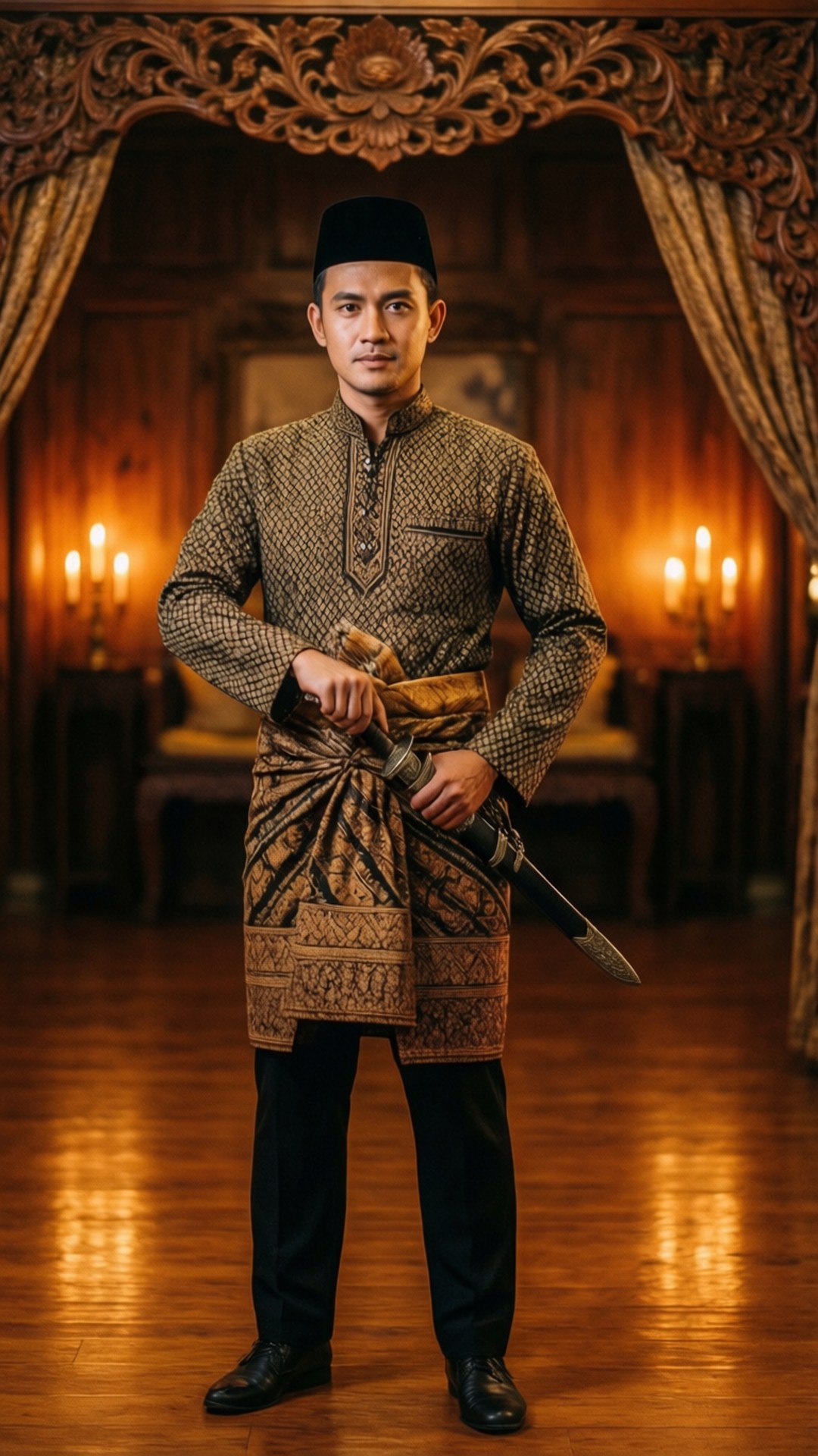穿著傳統蠟染服飾的男子在木製宮殿房間中手持儀式用匕首。