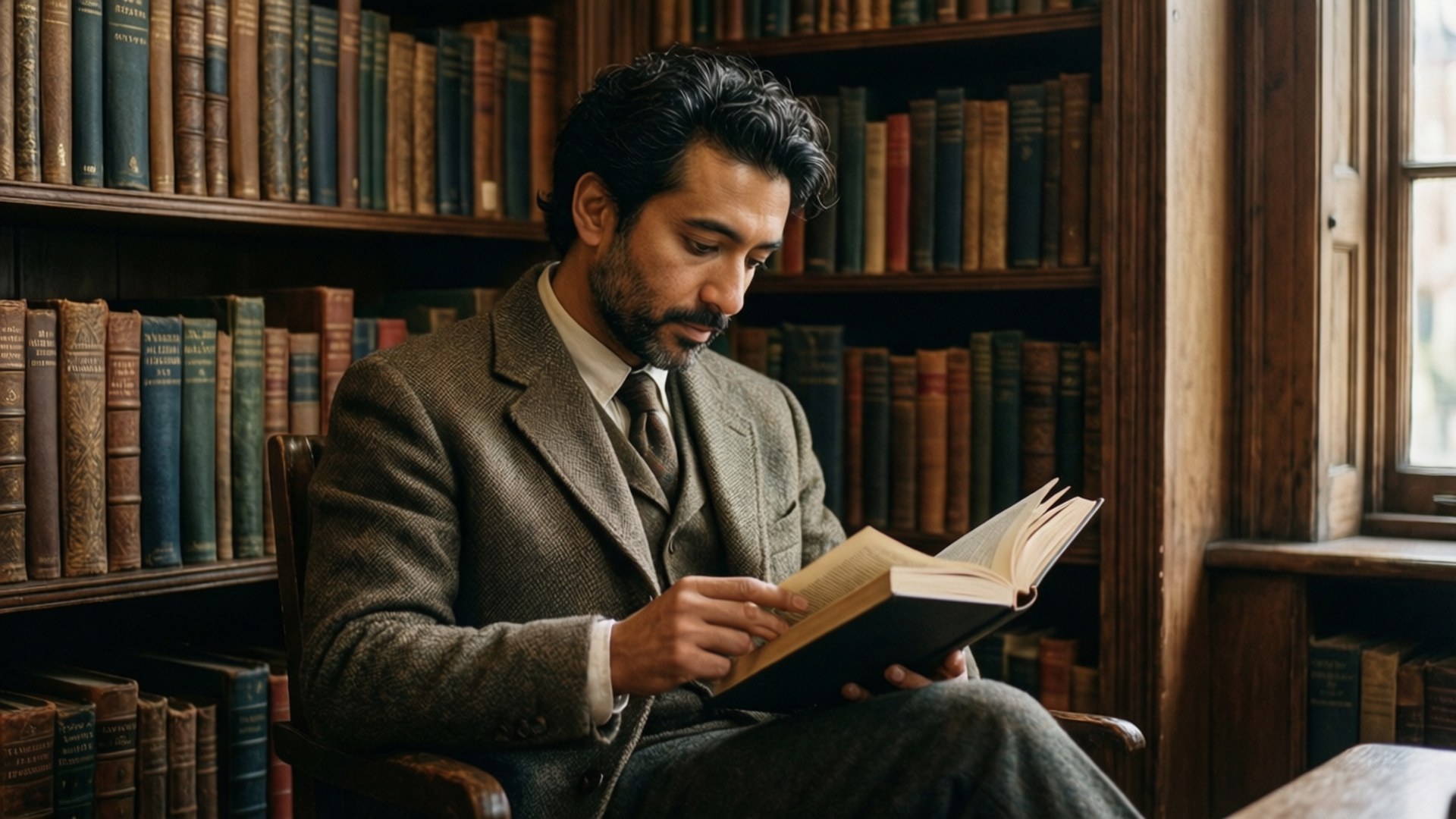 riz ahmed 桌布 壁紙 — 一位穿著粗花呢西裝的男子在陽光充足的圖書館裡閱讀書籍，周圍是高高的木書架。