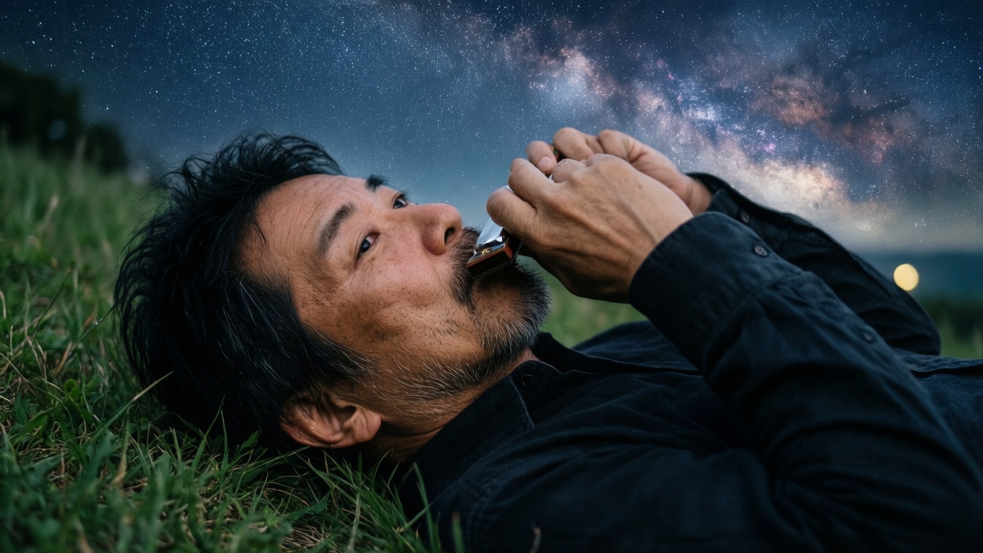 Matt Ishida 桌布 壁紙 — 一個男人躺在草地上，在繁星點點的夜空下吹口琴，銀河系清晰可見。