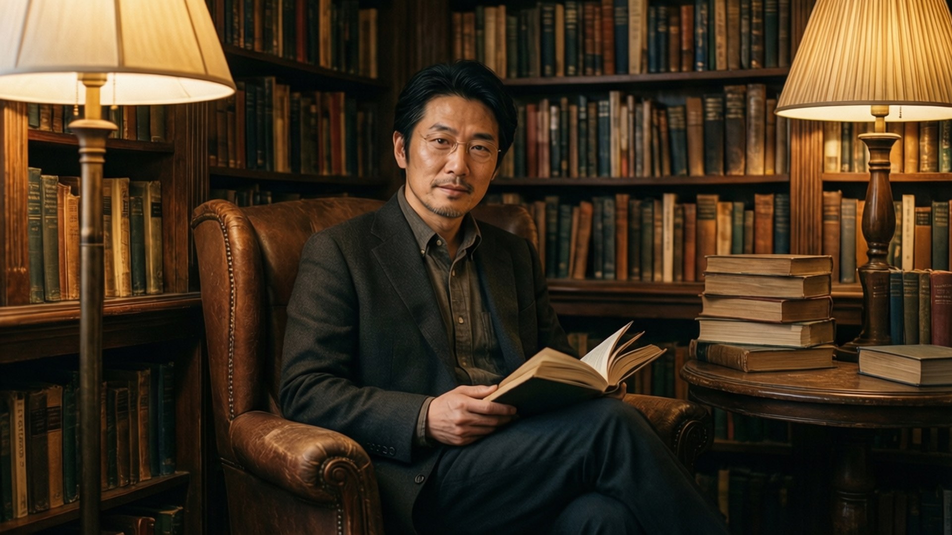 男人在舒適的圖書館裡閱讀，有書架和燈。