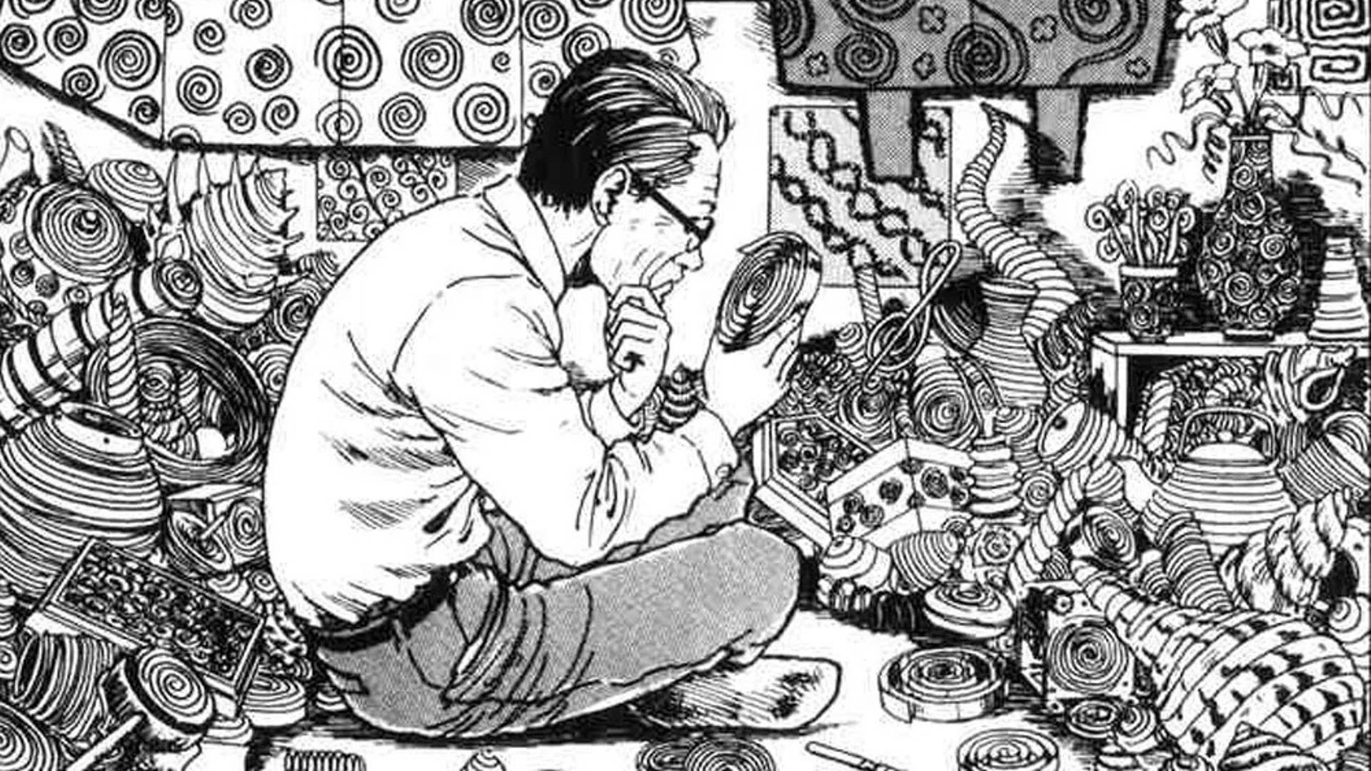 男人在混亂的插圖房間中被旋轉的螺旋圖案包圍。