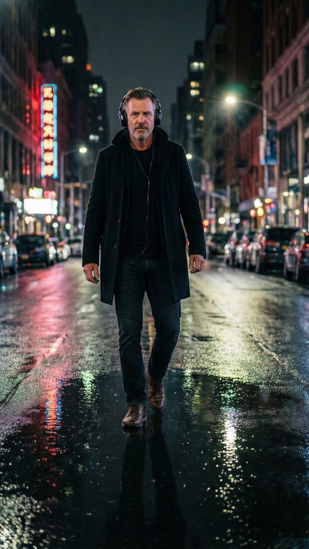 男人在雨淋濕的城市街道上獨自行走，夜晚霓虹燈光反射在潮濕的人行道上。